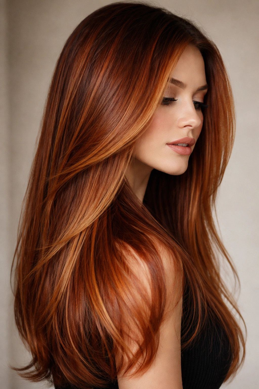 Close-up of straight hair with red-toned ginger balayage highlights