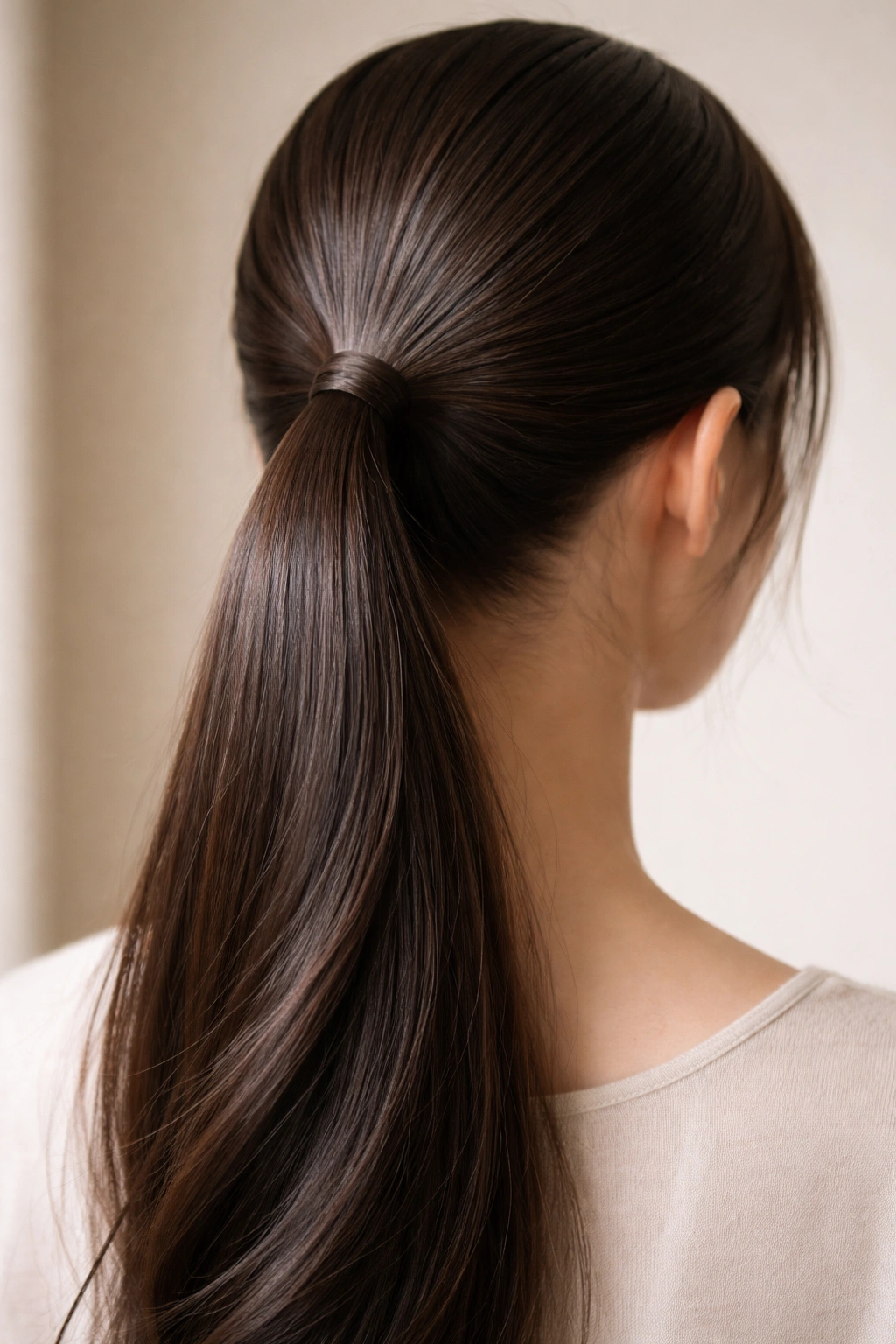 Close-up of a sleek ponytail with subtle reflective shine