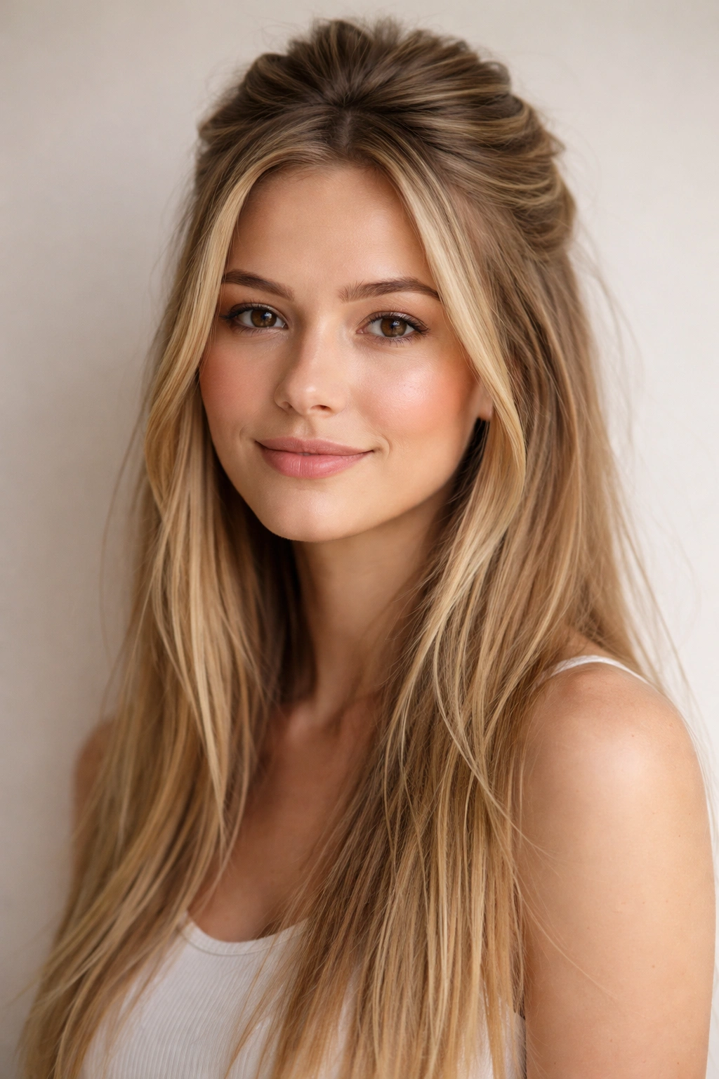Relaxed tousled half-up hairstyle on straight hair