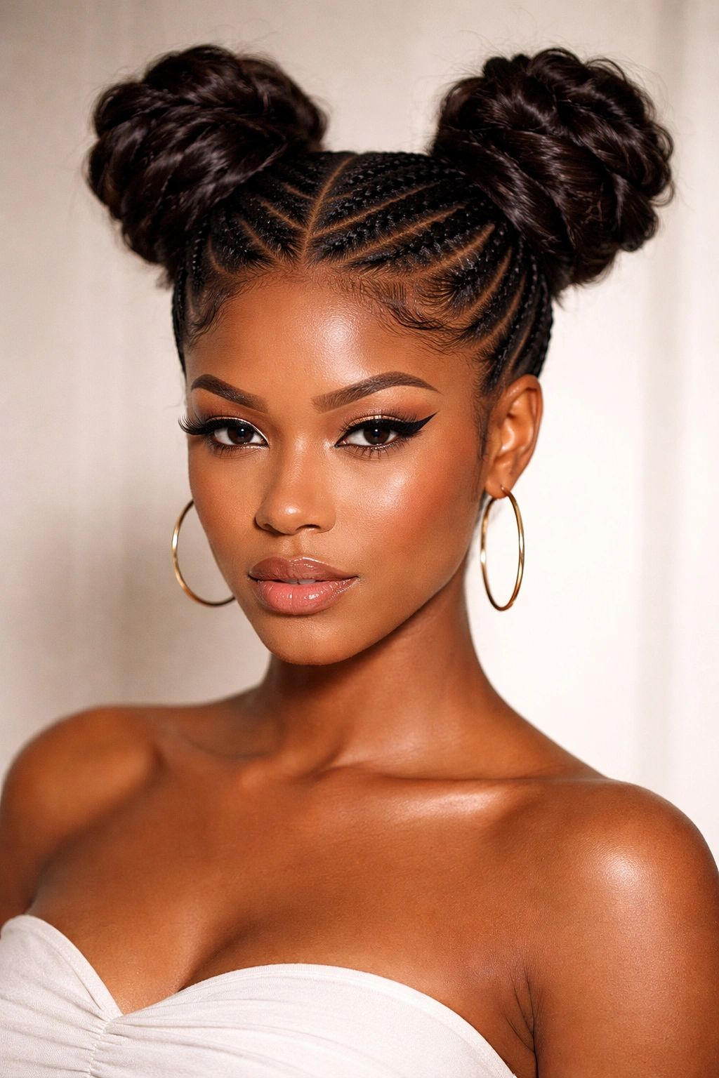 Symmetrical high crown space buns with neat feed-in cornrows underneath