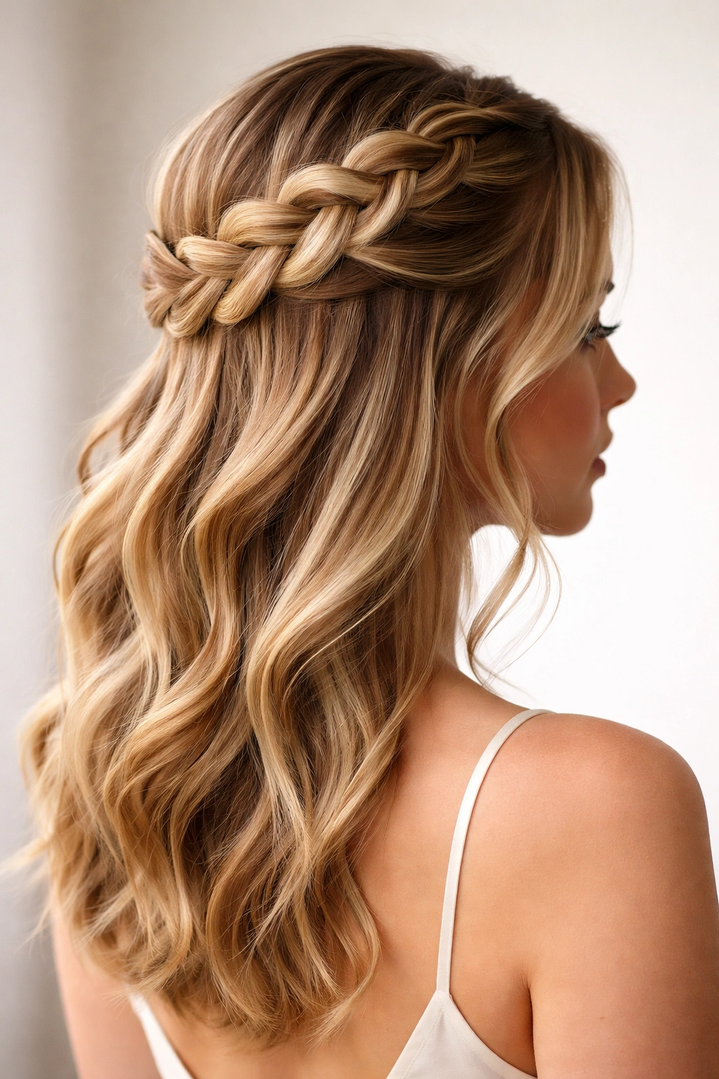 Close-up of a reverse braid half-up hairstyle with a standout braid direction