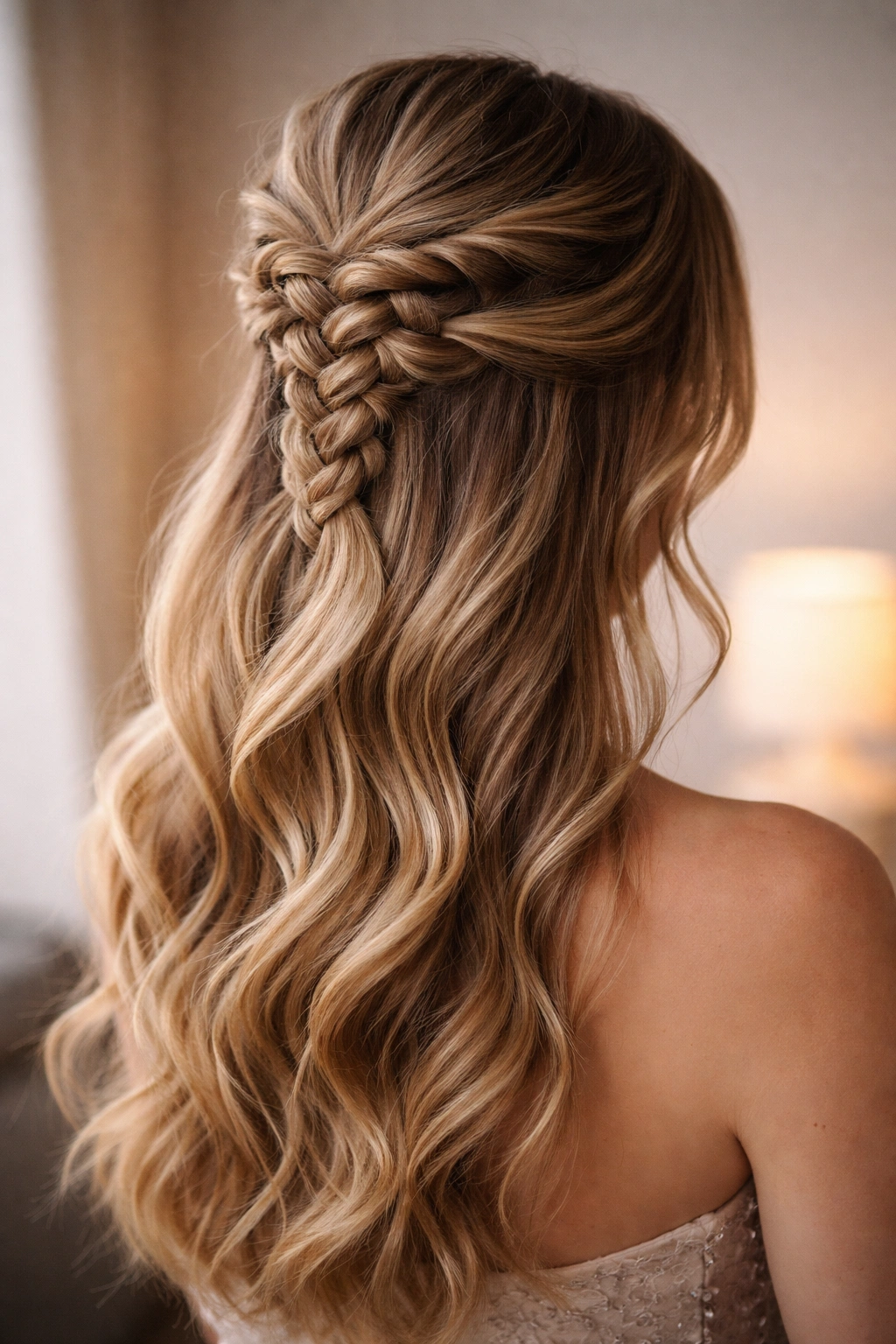 Profile view of reverse braid half up with raised Dutch-style braid.