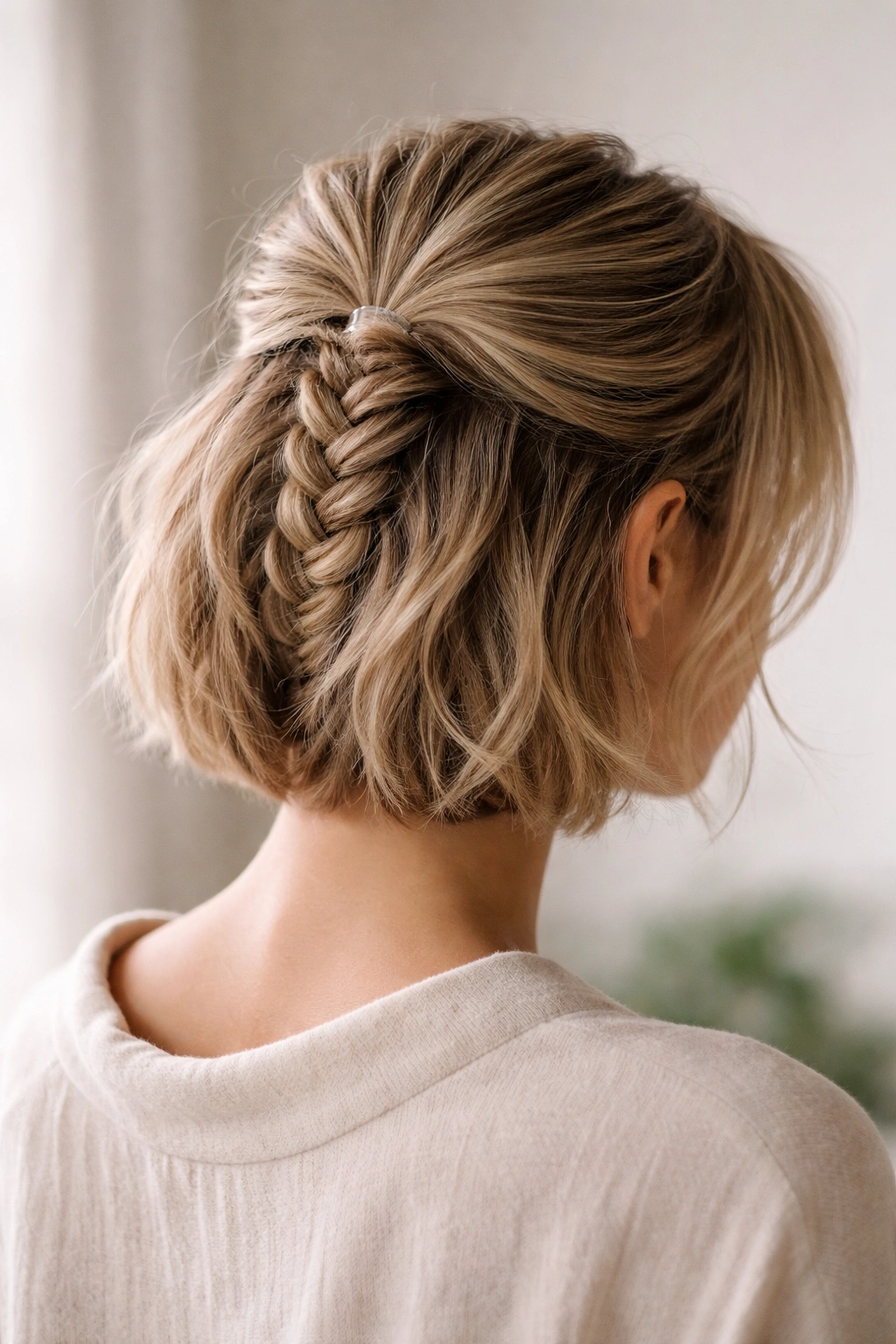 Nape-to-crown reverse braid on short hair with top-section securement