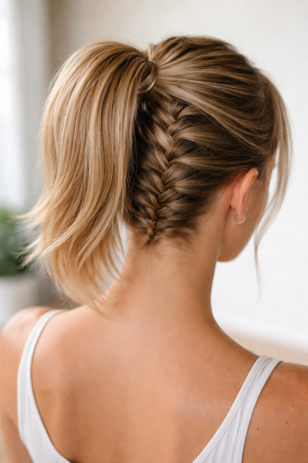 Reverse-direction braid starting at nape and ending in high ponytail