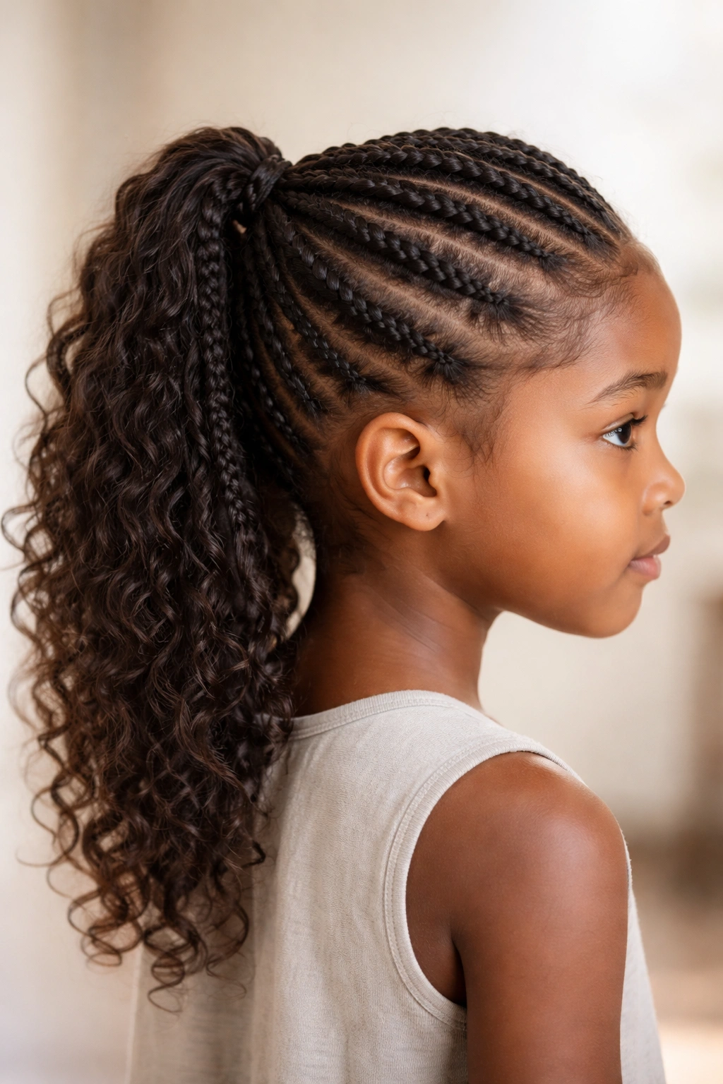 Back-to-front reverse braids on a child's head gathering at the crown