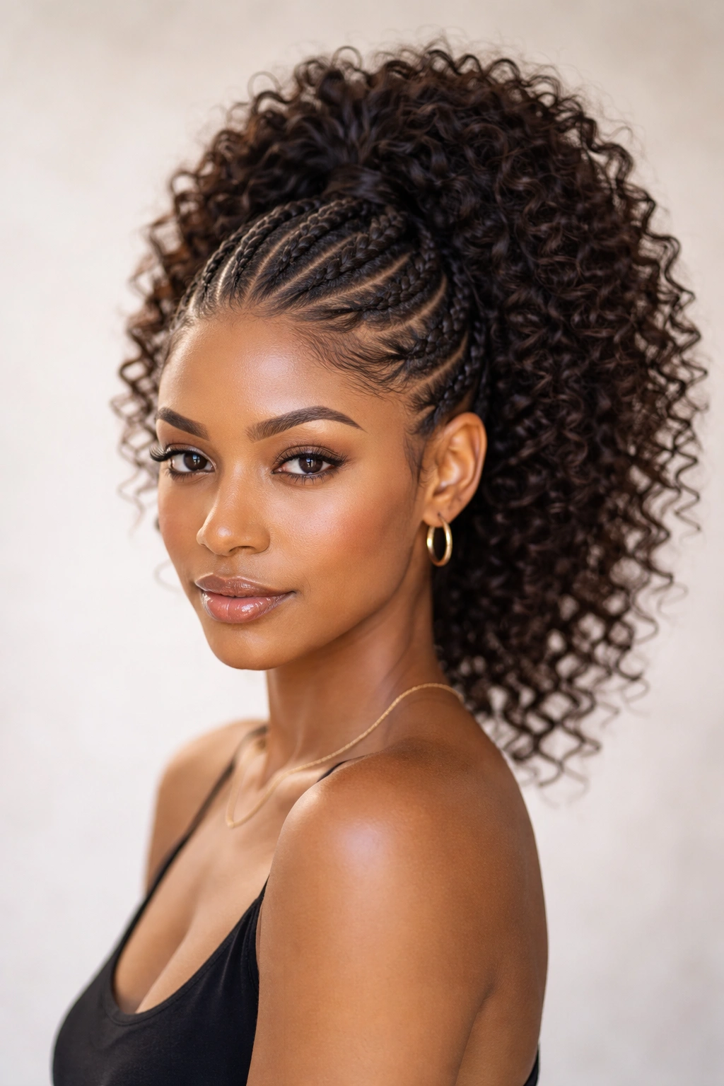 Reverse feed-in braids forming a crown ponytail on curly hair with full volume