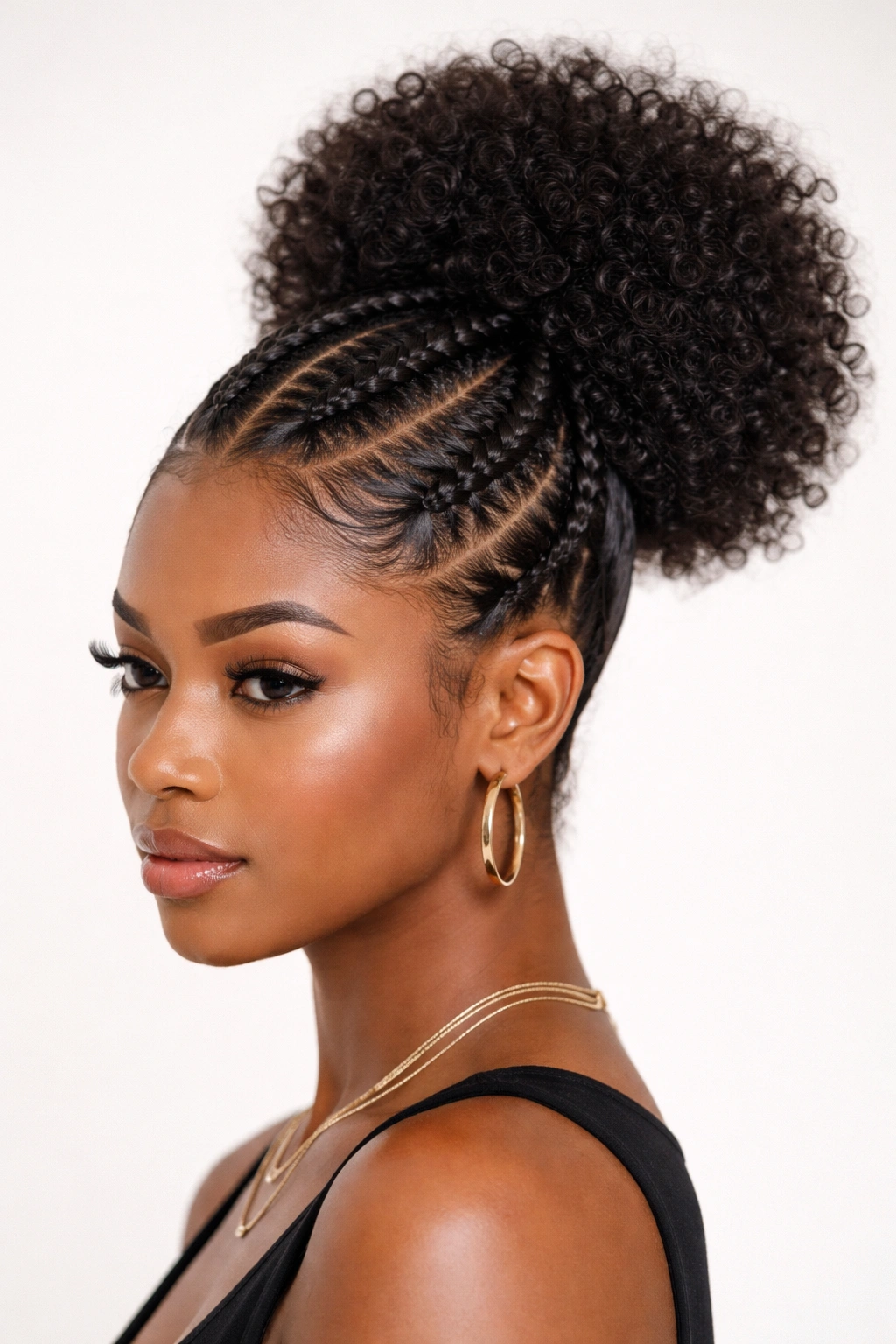 Two inside-out braids forming a high ponytail with a dense coil puff