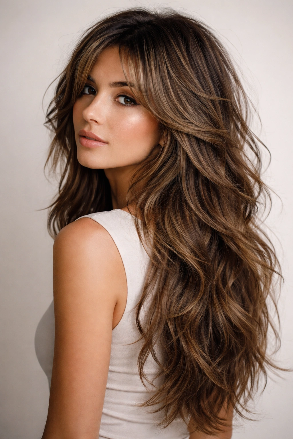 Close-up of reverse butterfly haircut with short top and long underneath, showing dimensional waves.