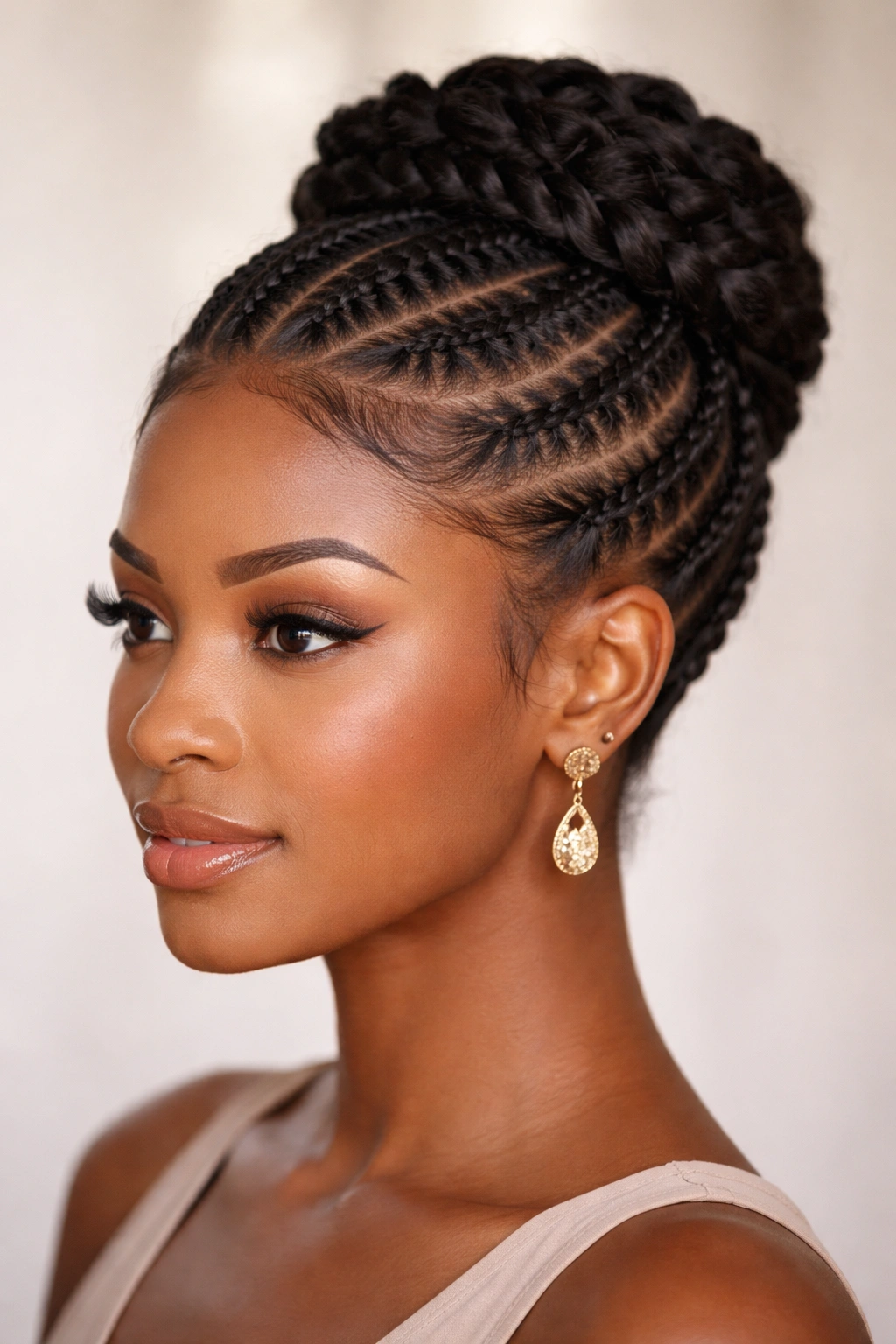 Head showing perimeter reverse cornrows forming a braided crown at the top