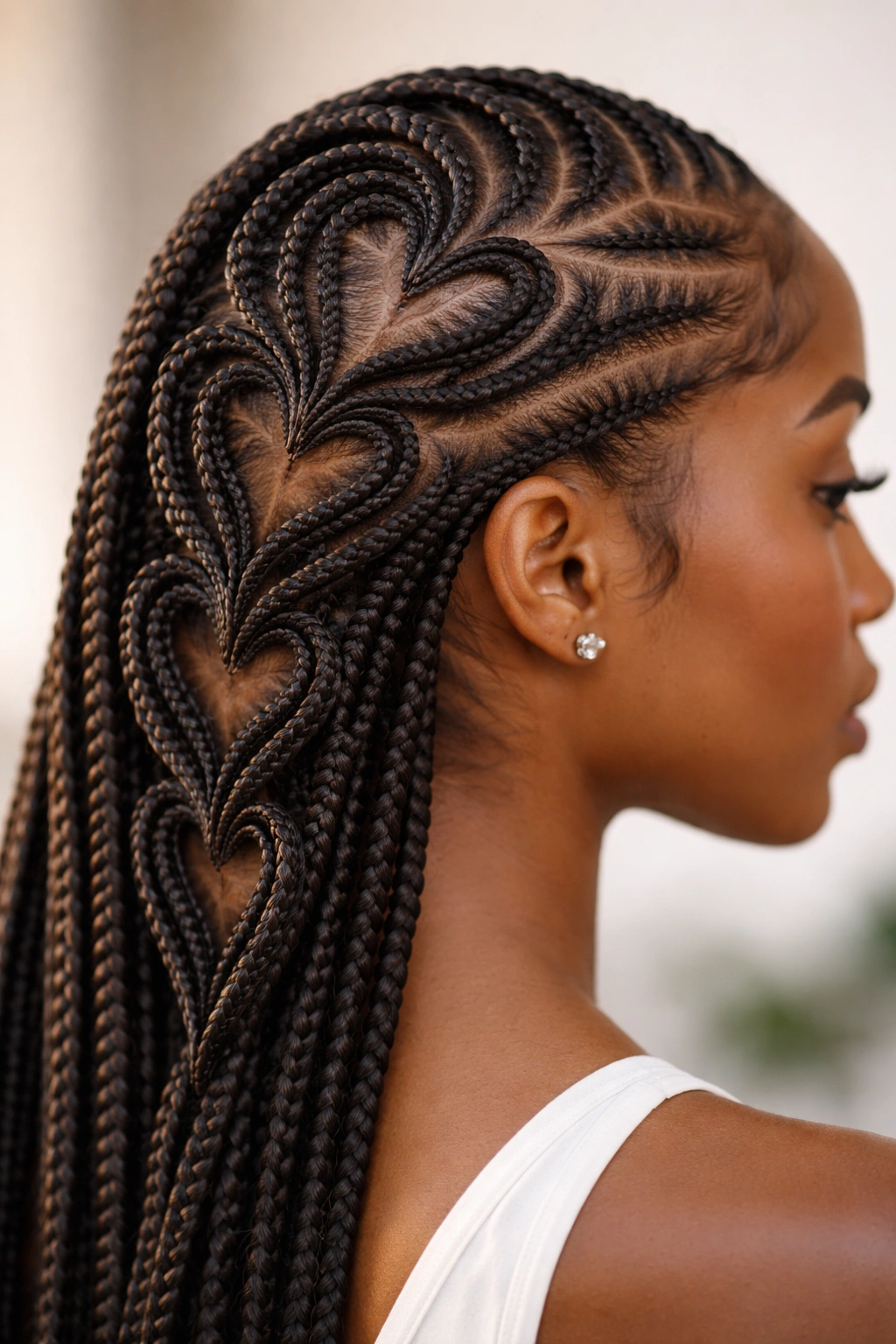 Cascading heart shapes formed by reverse cornrows