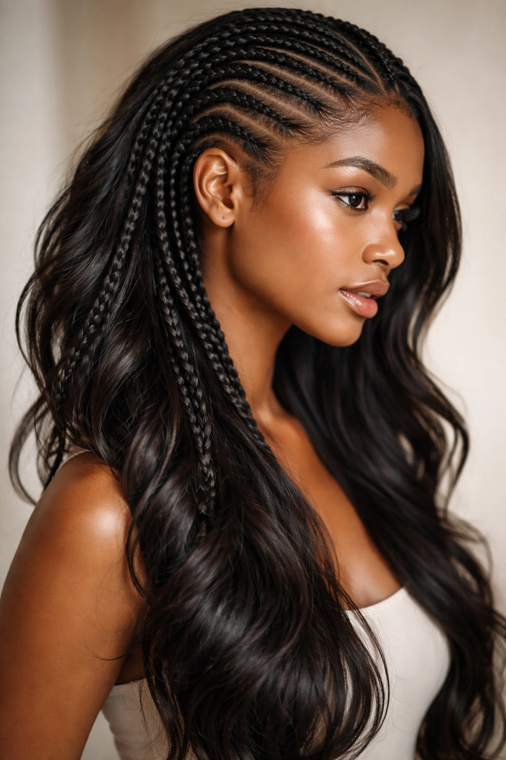 Side view of raised reverse cornrows with loose hair on the side