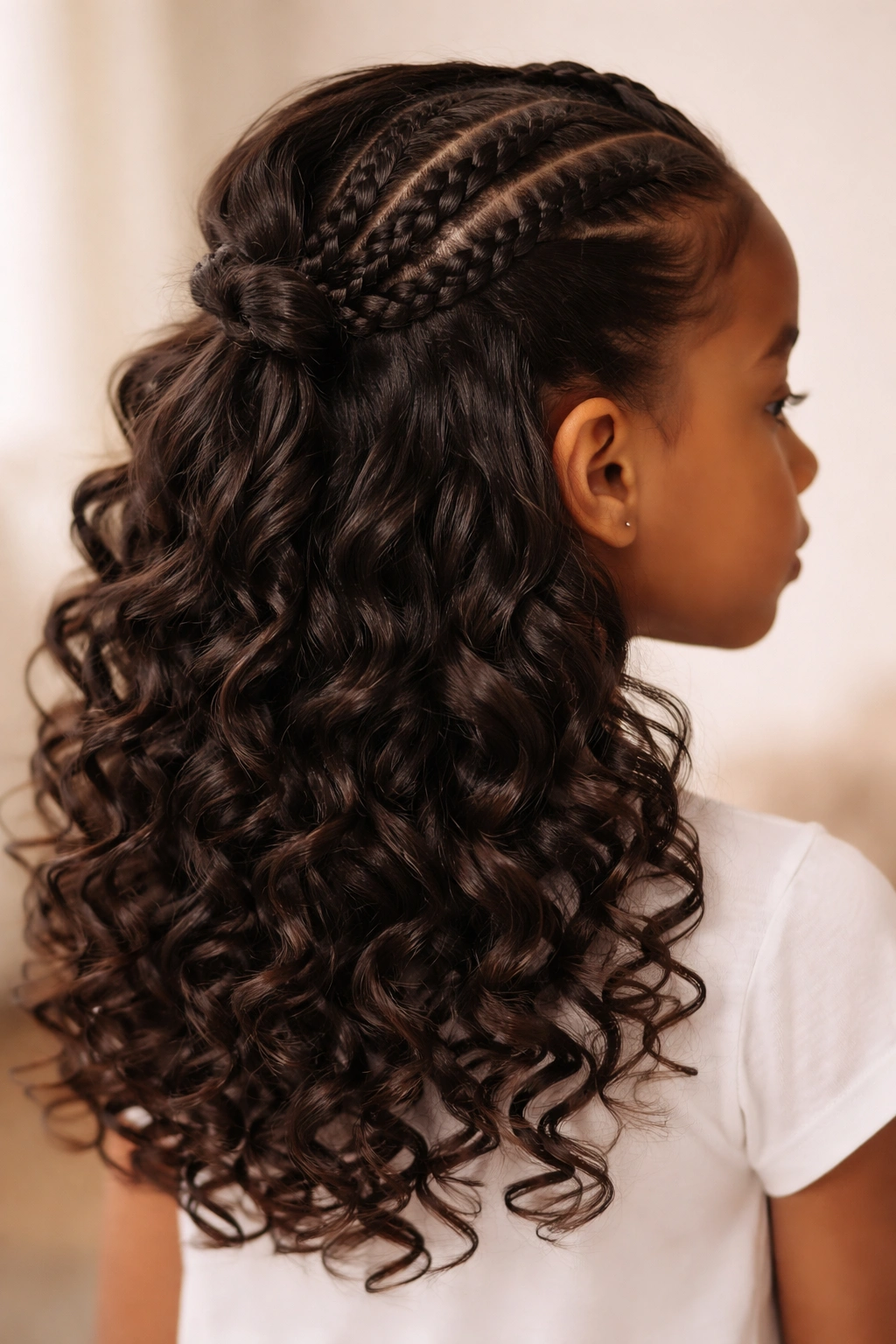 Child with reverse cornrows and loose ringlets cascading over shoulders.