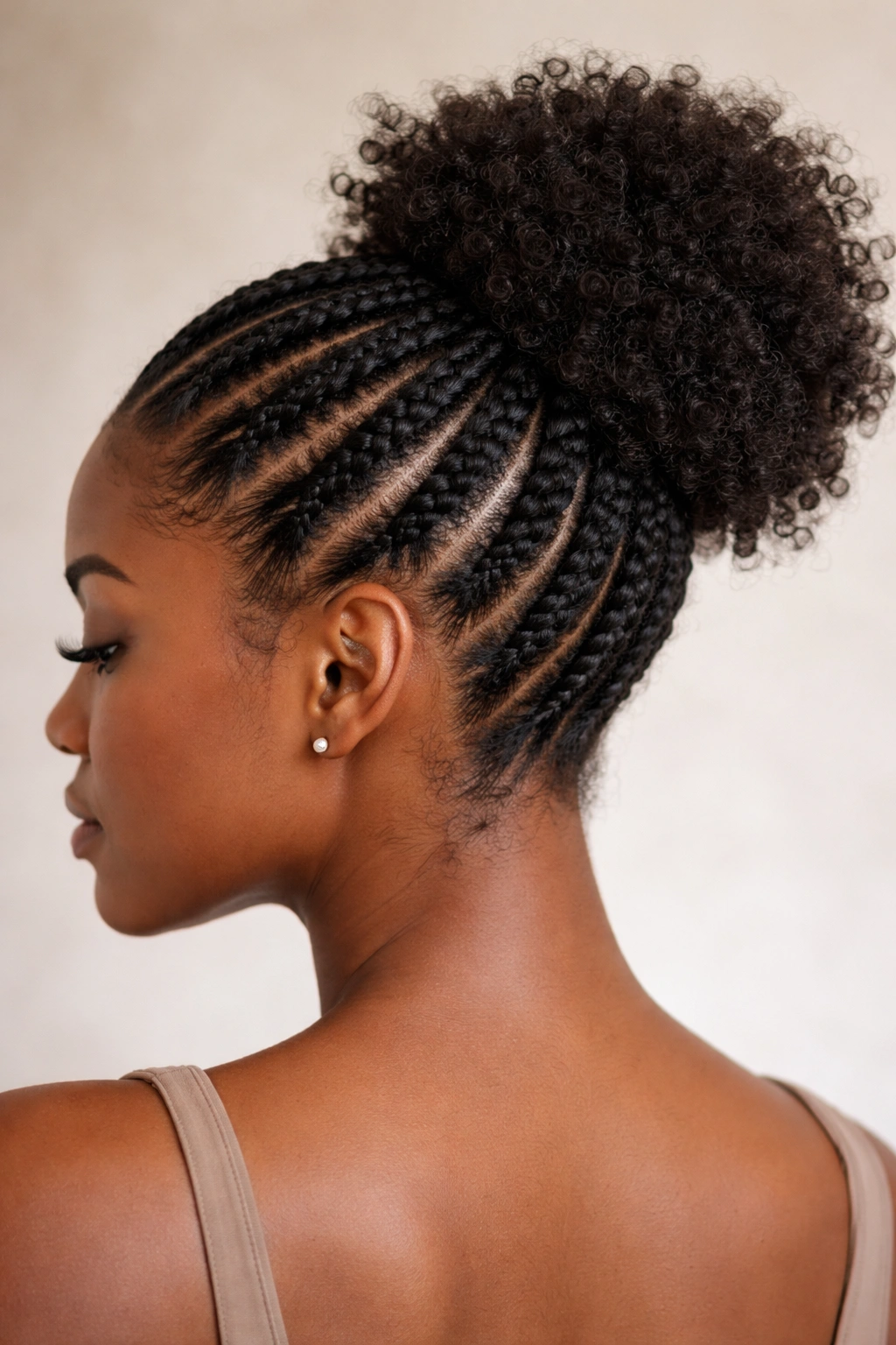 Close-up of reverse cornrows leading to a textured crown puff on the scalp.