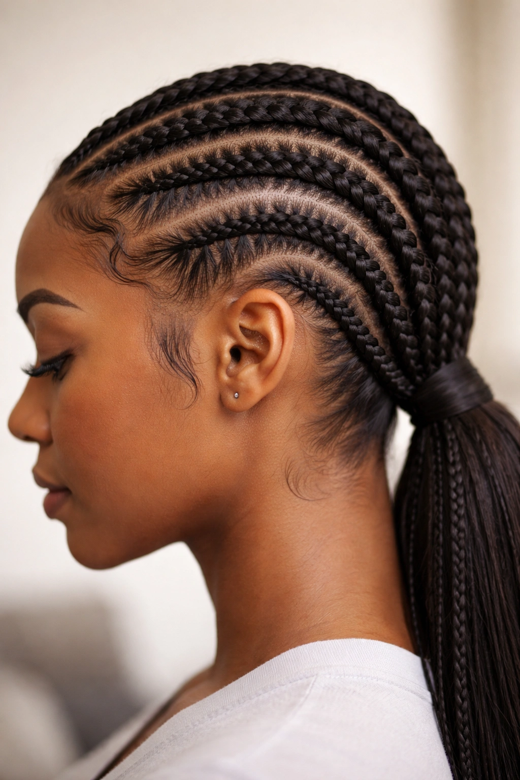Close-up view of reverse cornrows braided toward the scalp showing sculptural lines
