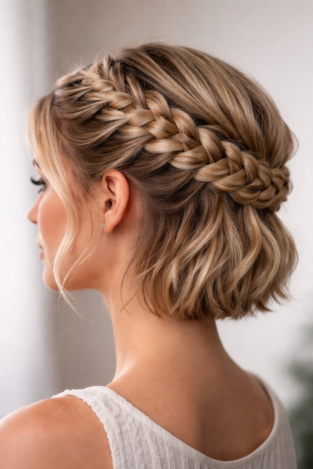 Reverse crown braid starting at the nape and moving upward around the crown on short hair
