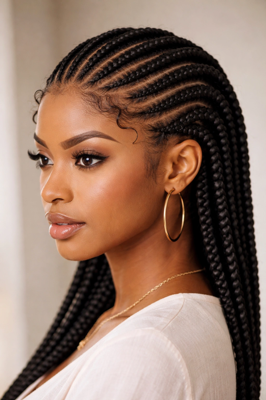 Back-to-front cornrows that flow toward the face.