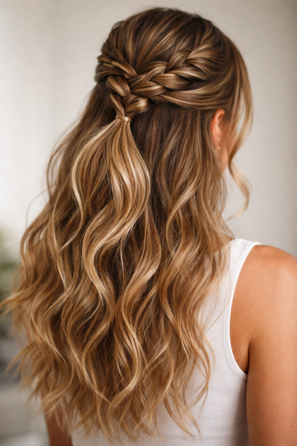 Close-up of a reverse Dutch braid half up with textured waves, highlighting the raised crown braid and glossy loose hair.