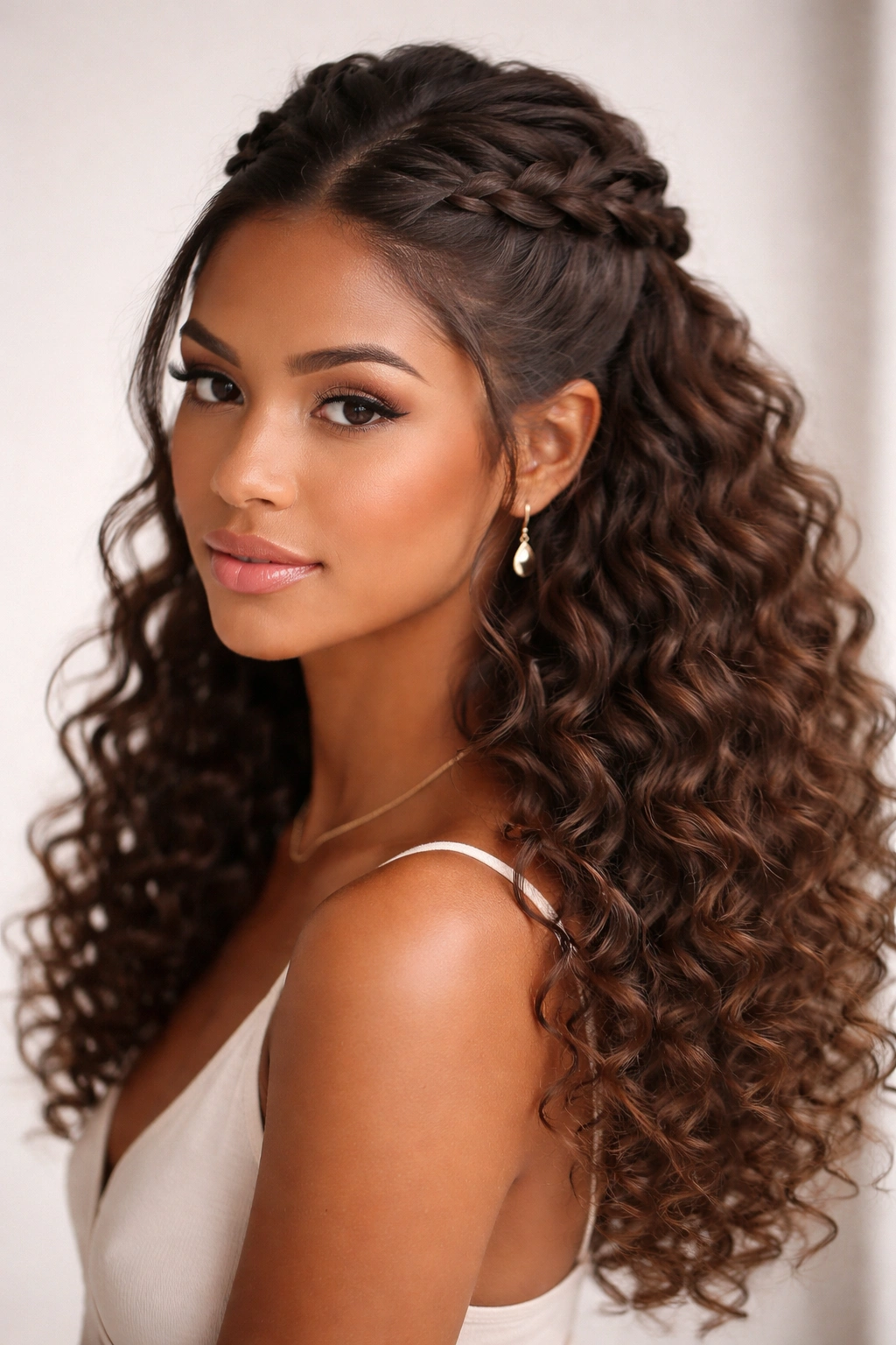Reverse Dutch braid sitting flat against the head with curls below