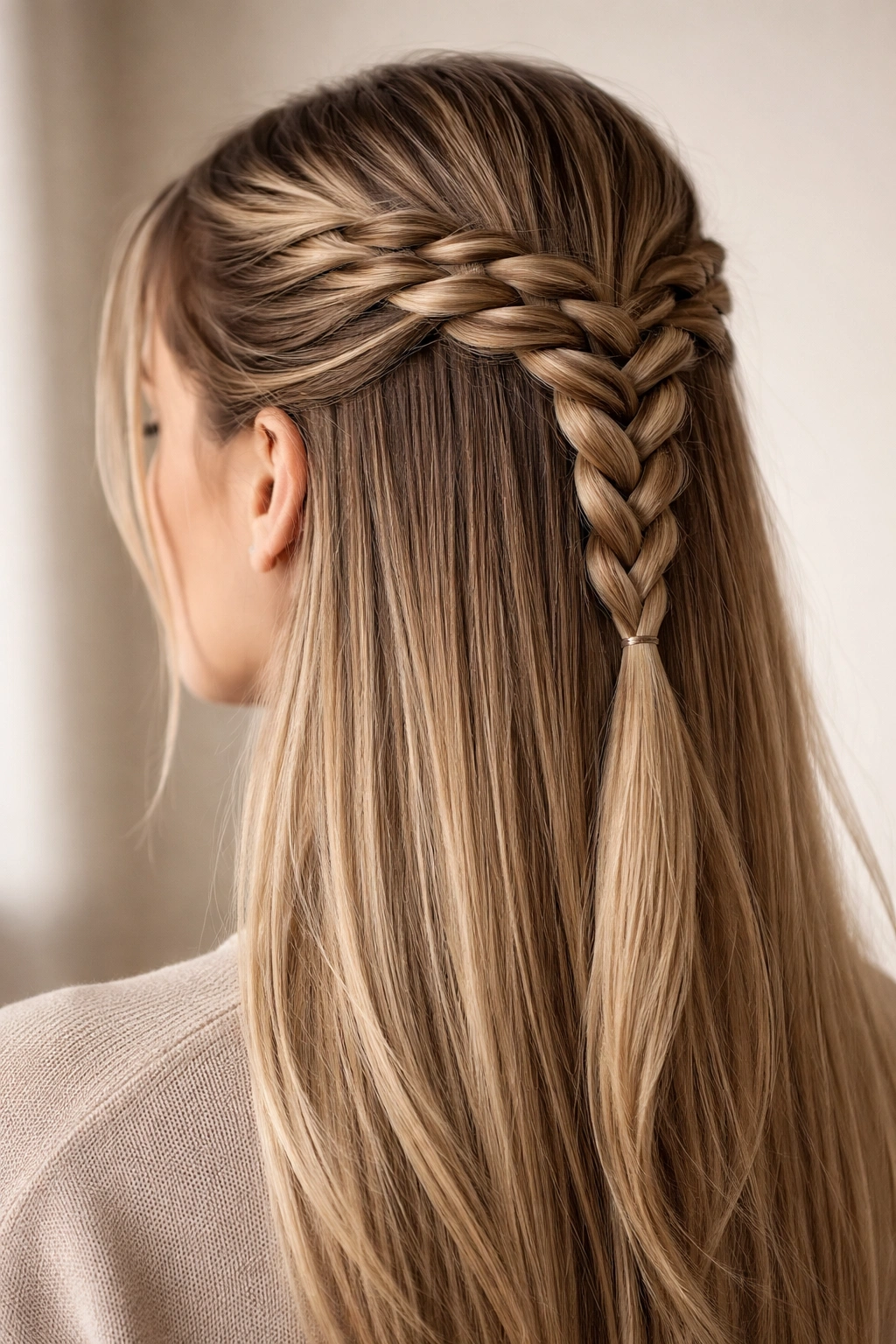 Close-up of a reversed Dutch braid on straight hair
