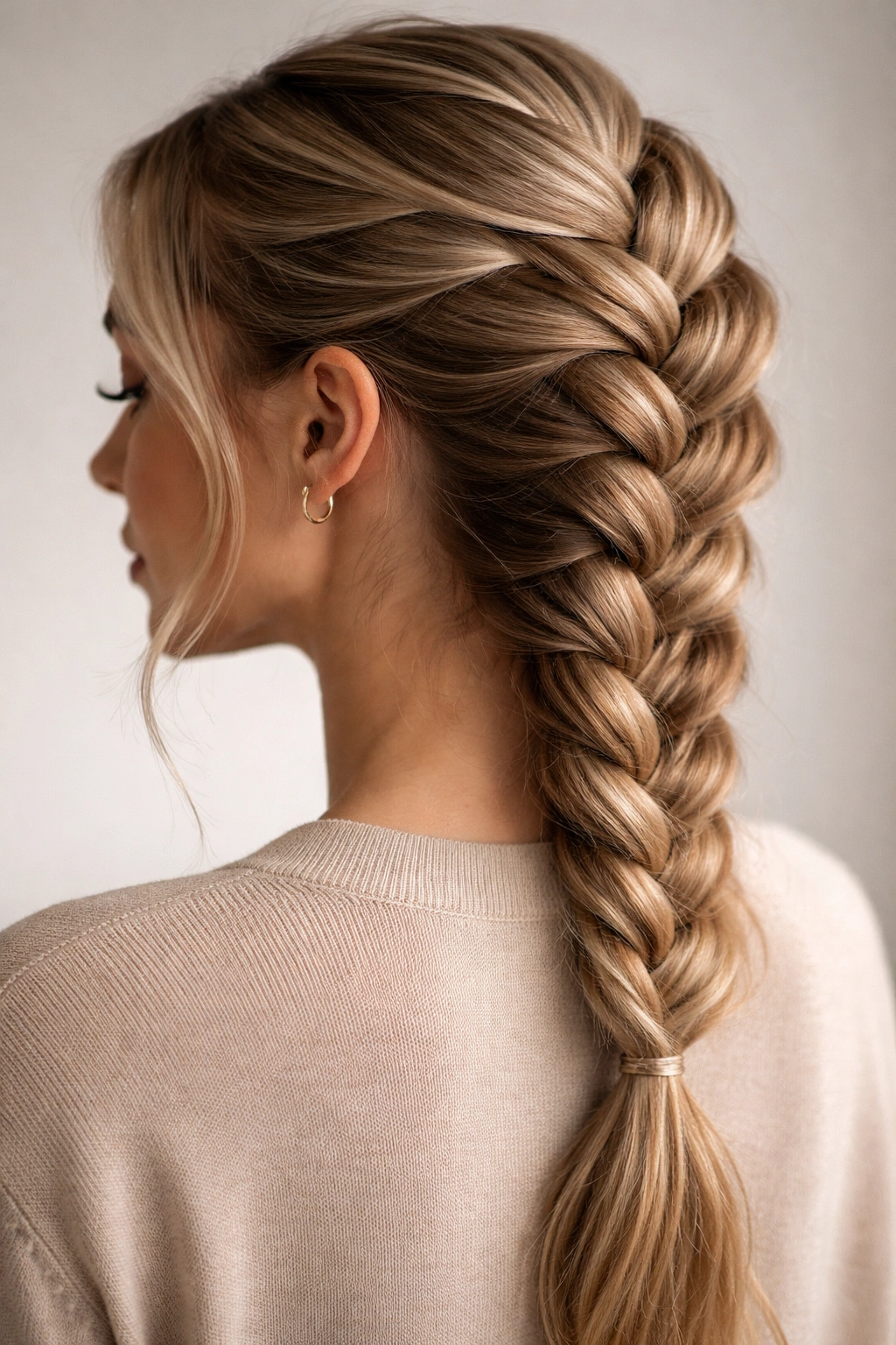 Side view of reverse French braid crossing underneath