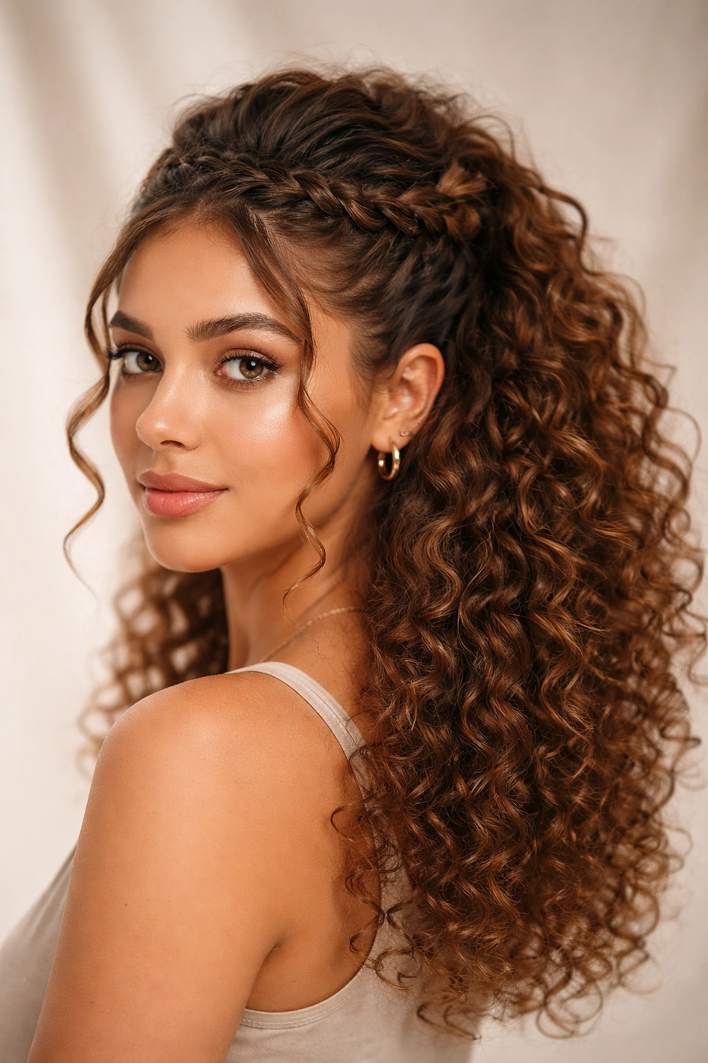 Close-up of curly hair with a reverse French braid half-up, highlighting crown texture and defined curls