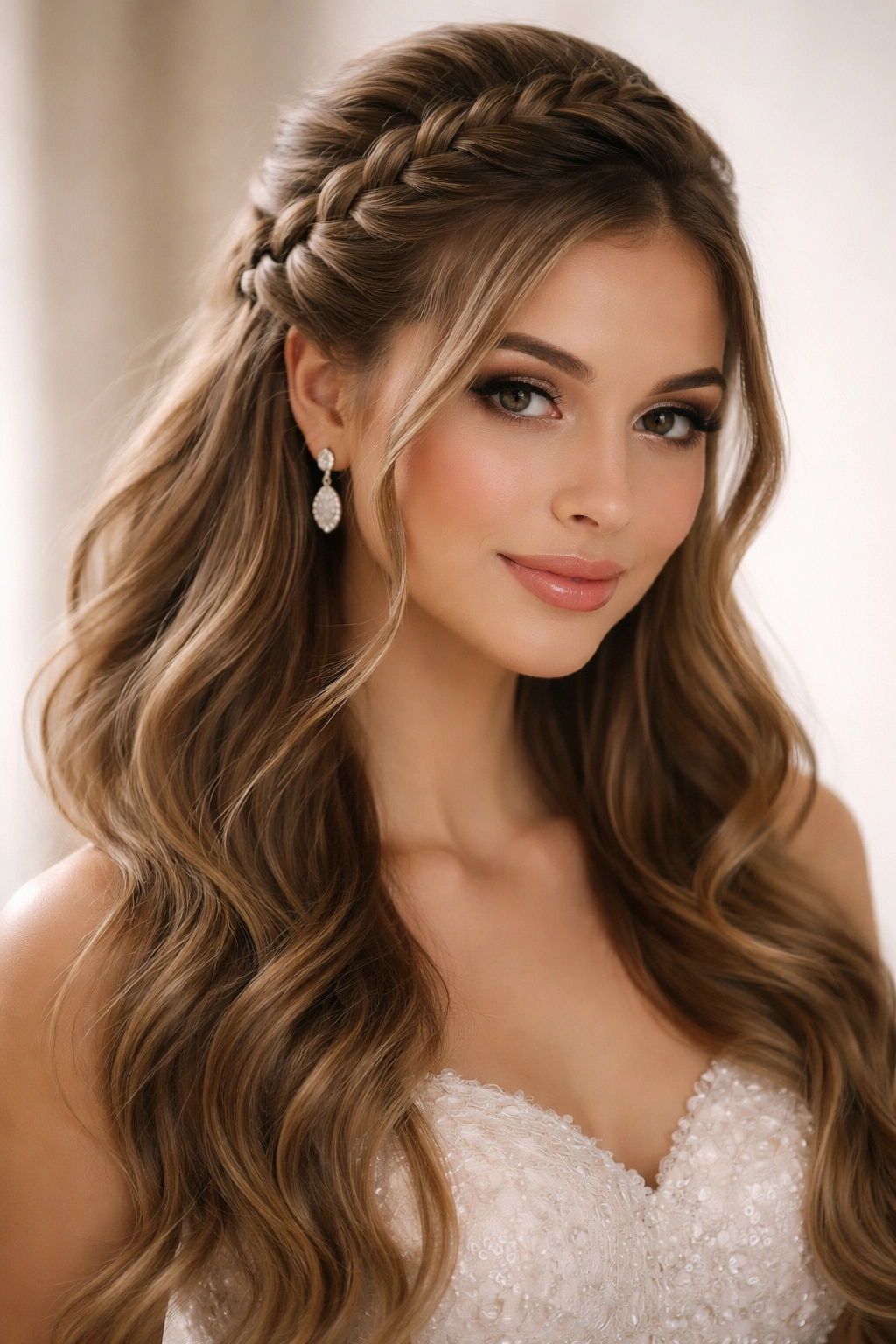 Close-up of reverse French braid half-up crown on a quince styling model
