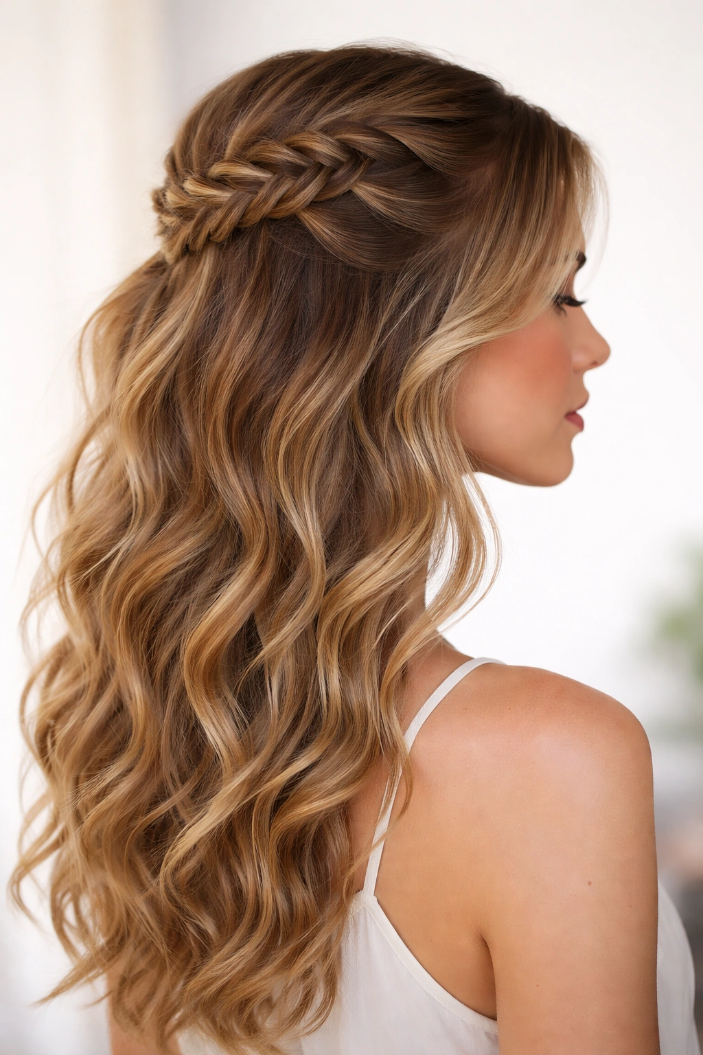 Side profile of reverse French braid along temple into center back with waves