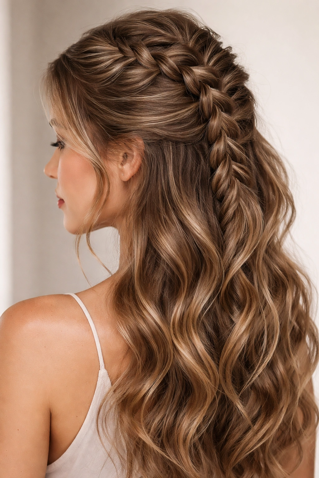 Side view of reverse French braid on wavy hair with visible texture
