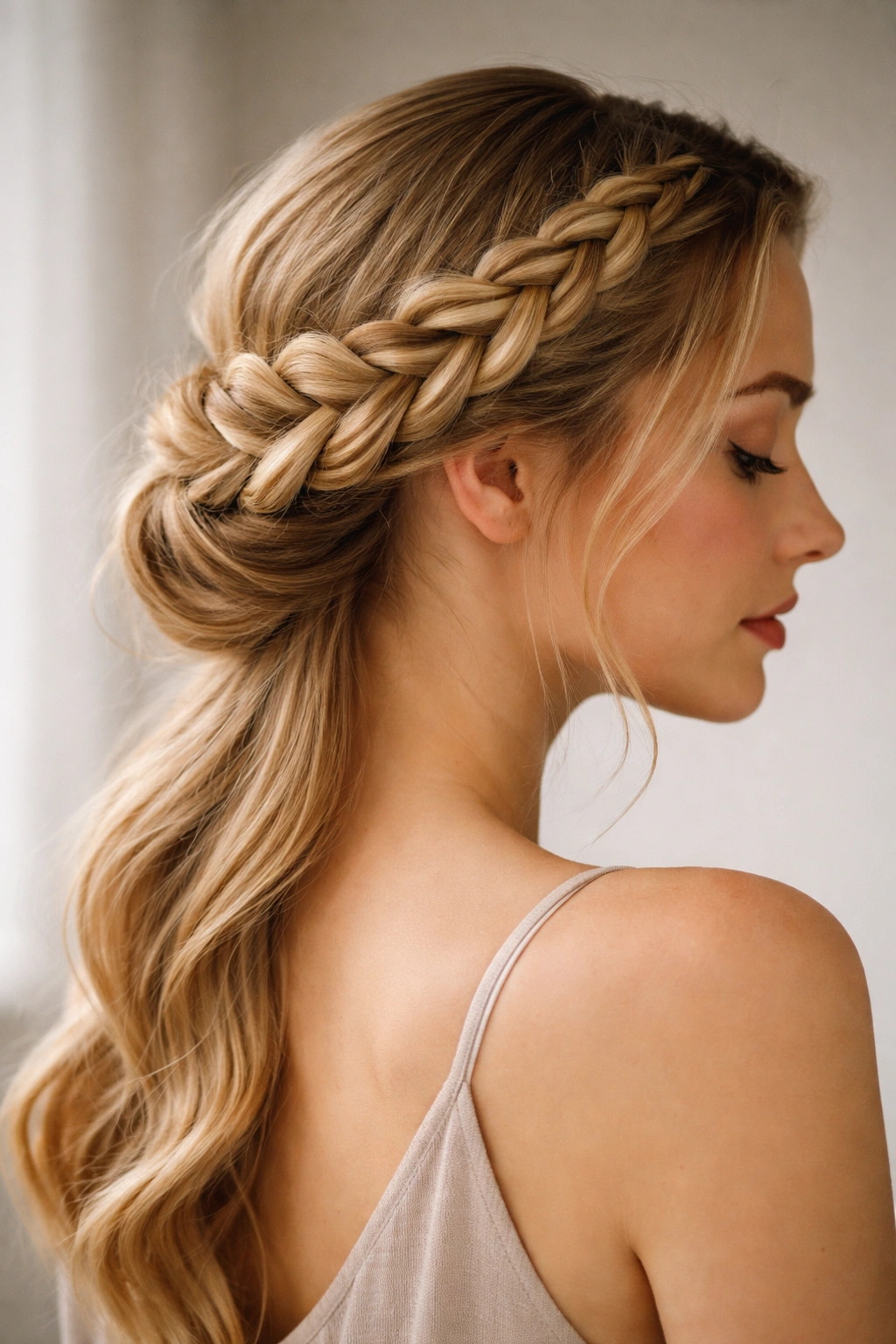 Single halo-like braid around back of head with deep side part