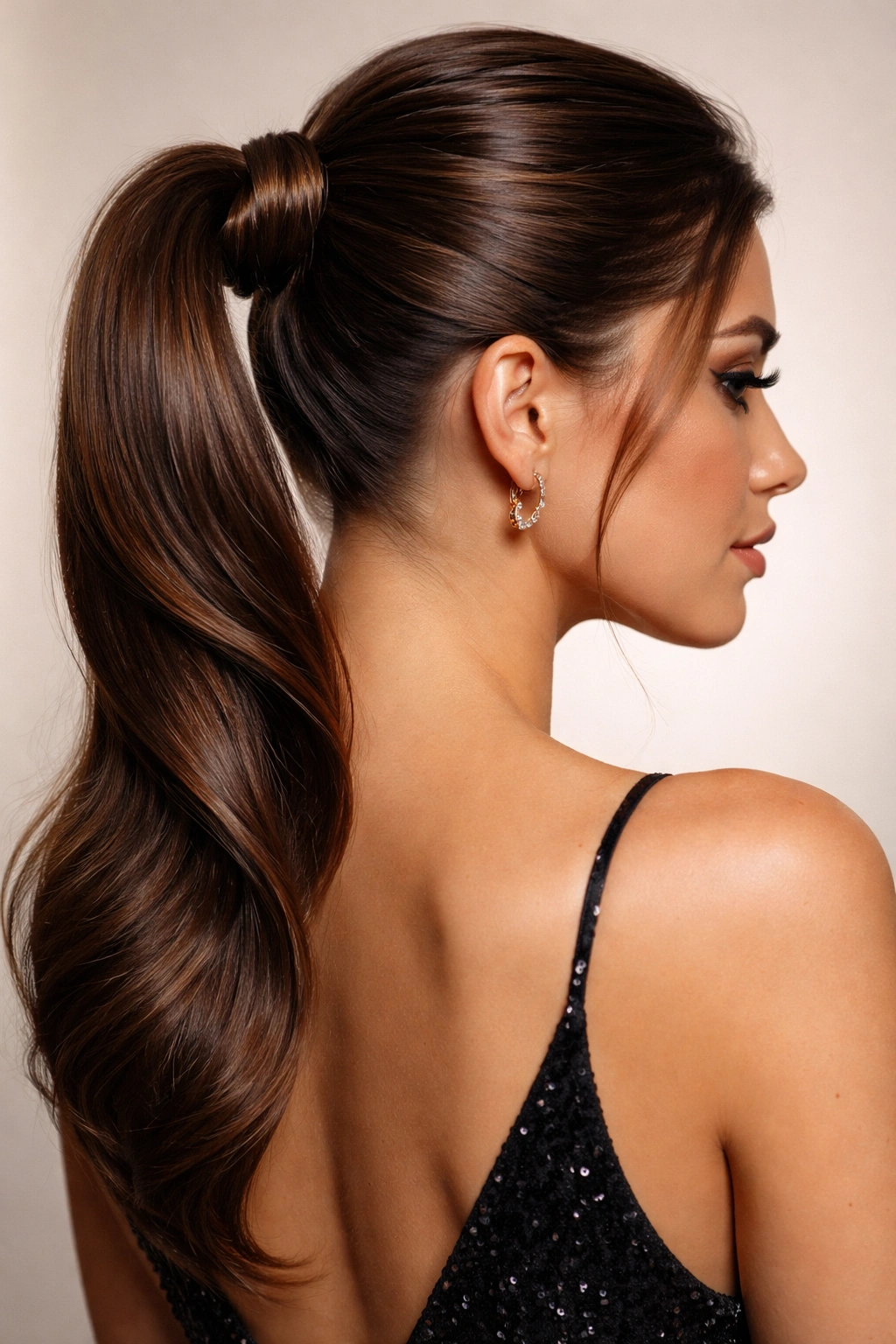 Close-up of reverse ponytail with under-through wrap, glossy sleek hair