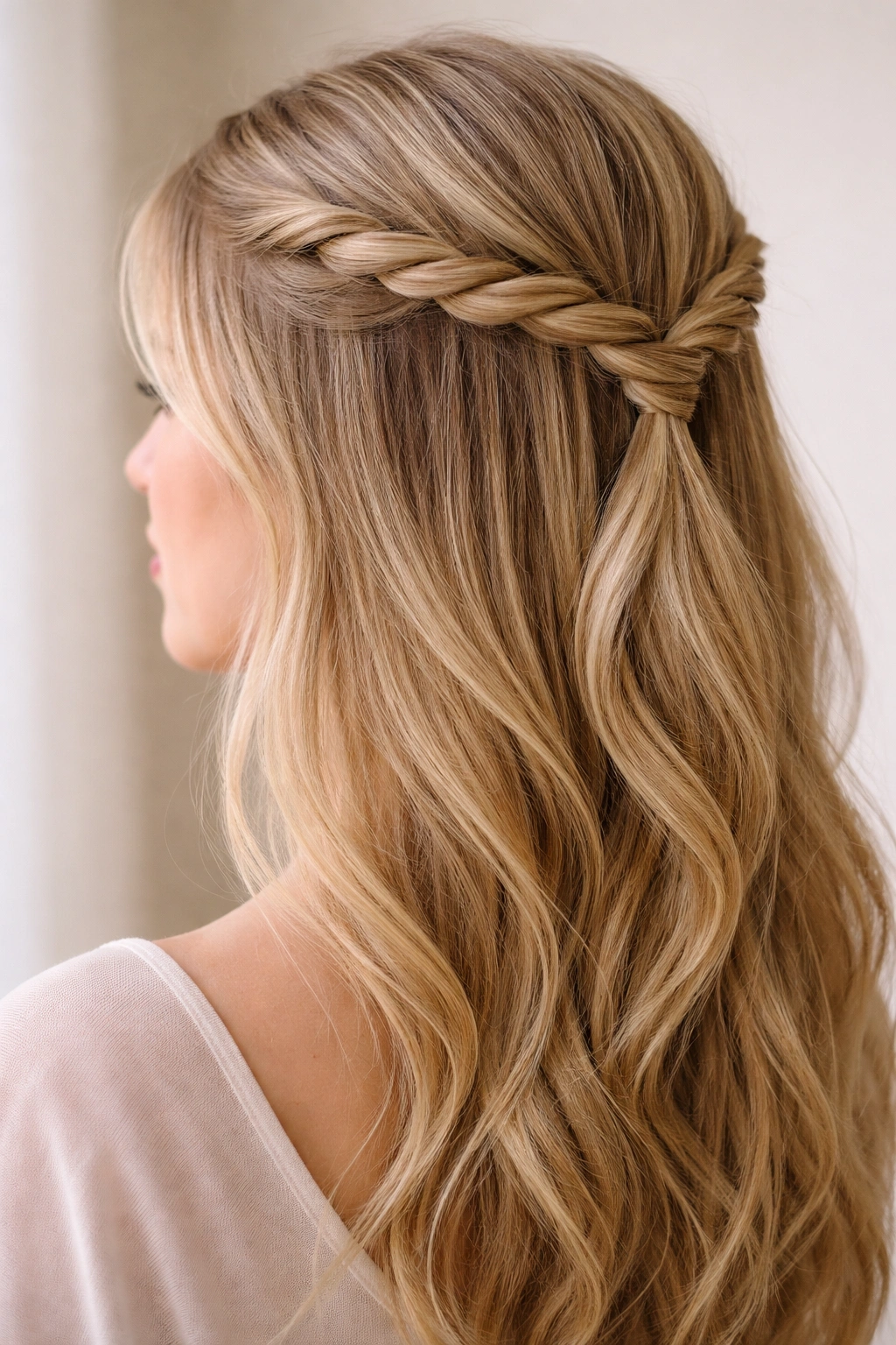 Close-up of a ropelike braid half-up on fine hair