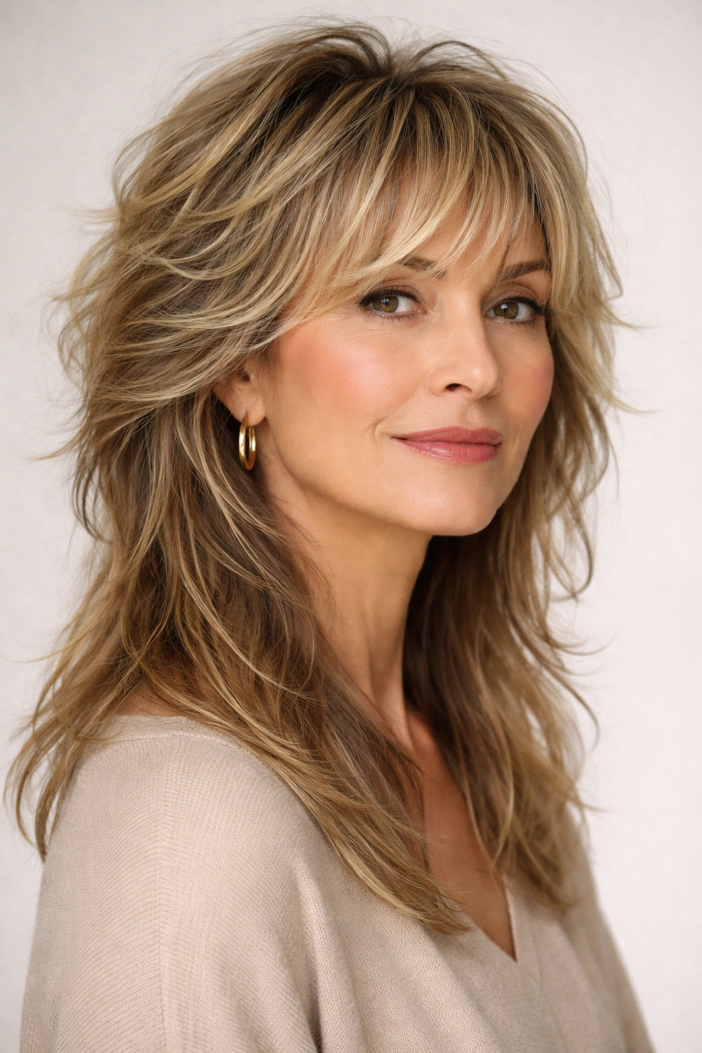 Portrait of a woman with reverse shag hairstyle showing short top and long underneath layers.