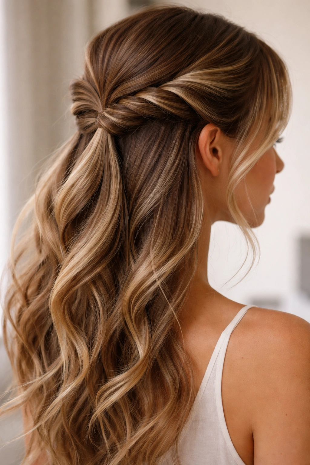 Asymmetric reverse twists on each side forming a half-up hairstyle