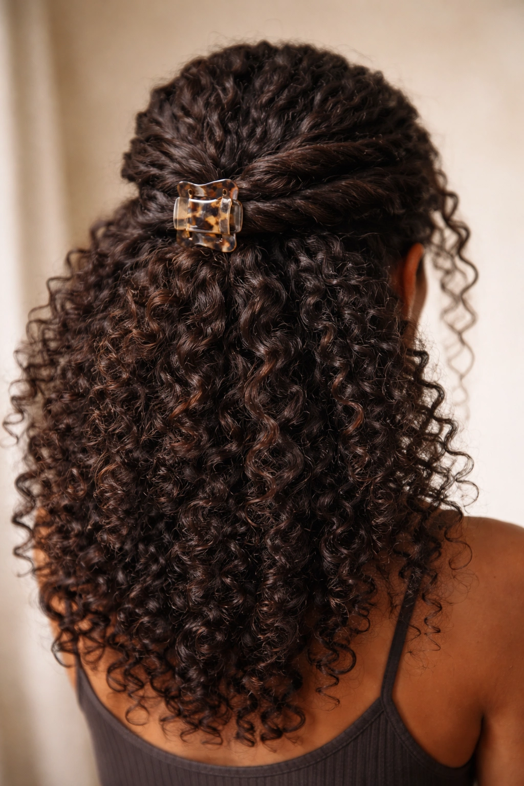 Close-up of reverse twist half-up hairstyle on natural hair, highlighting texture and light reflection