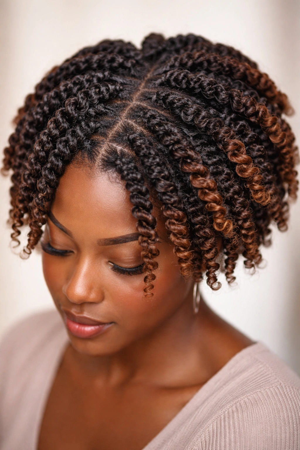 Close-up of opposite-direction twists on Type 4 hair with subtle color variation