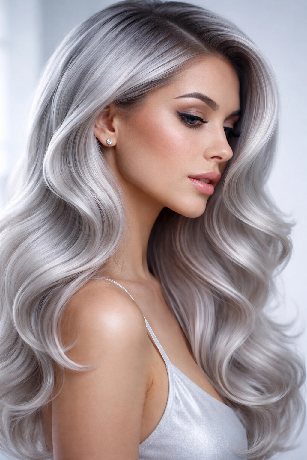 Silver hair with inward-curving reverse waves toward the face