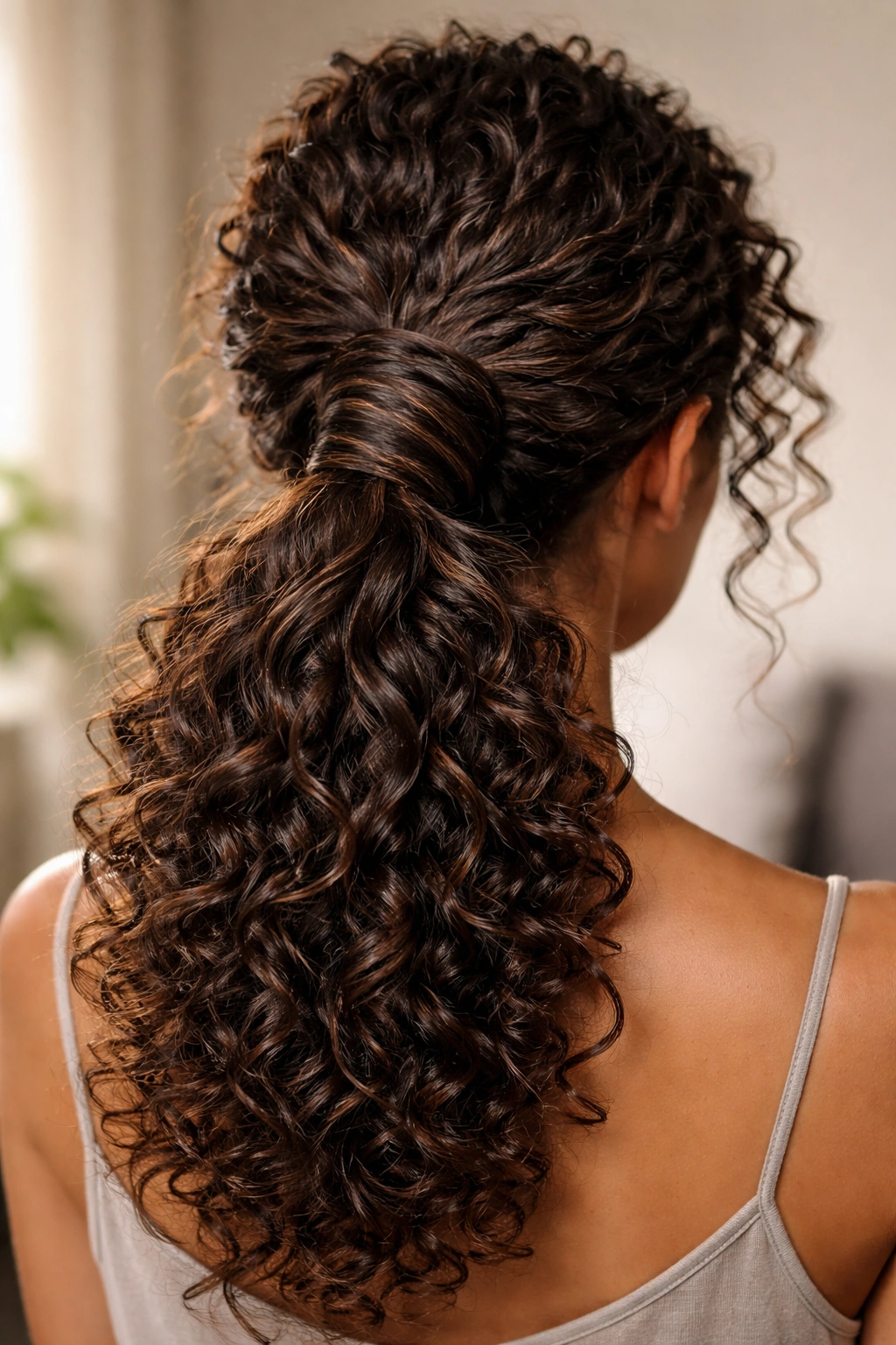 Close-up of a curly low ponytail with downward reverse weave forming a cap around the elastic