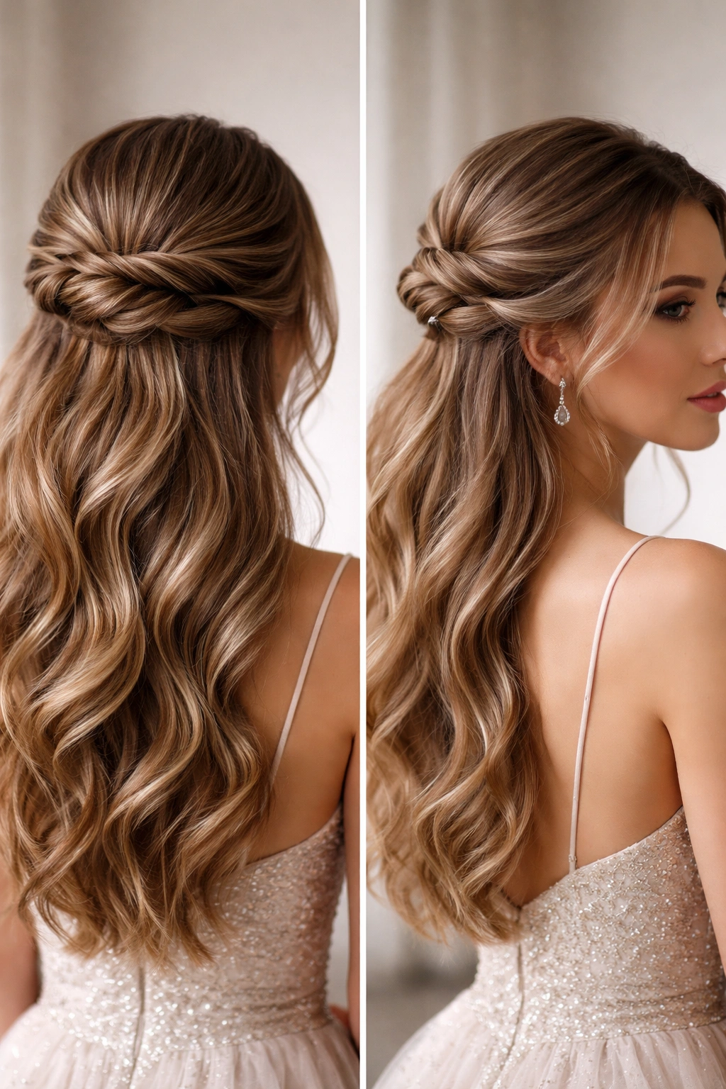 Low half bun with visible twists and a glossy sheen.