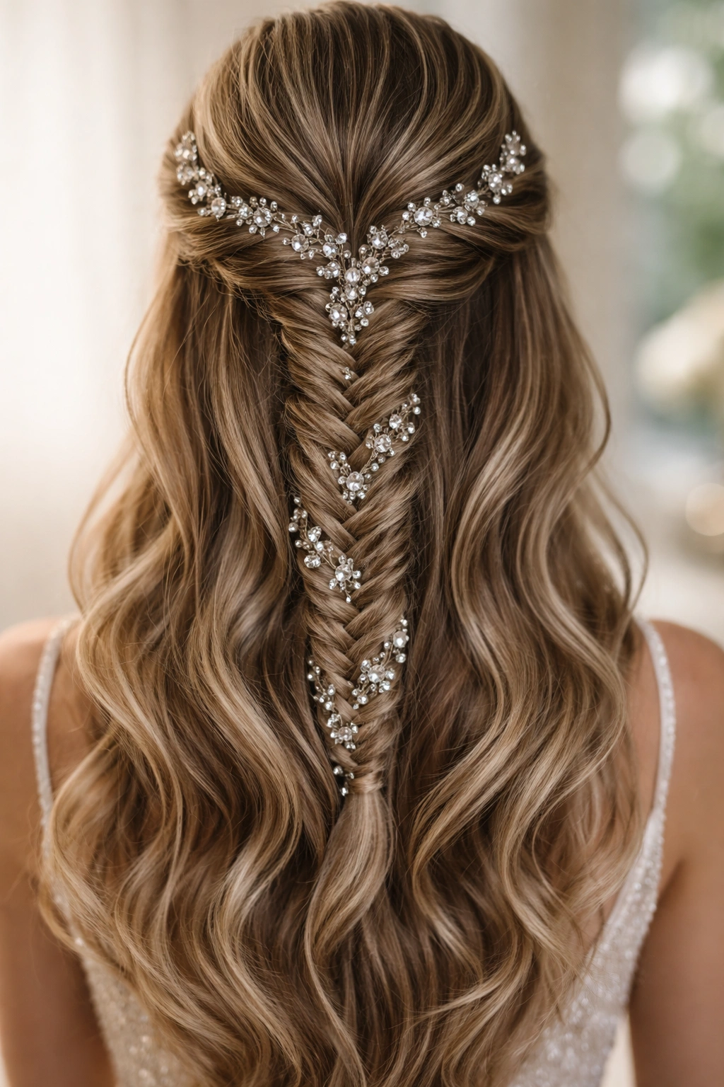 Rhinestone-Adorned Fishtail Half-Up with sparkling crystals in the braid