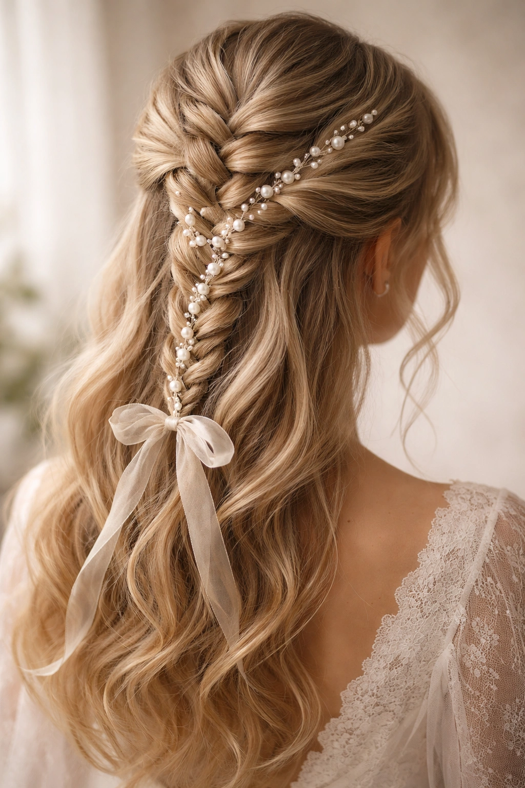 French braid threaded with ribbon or pearls for subtle sparkle