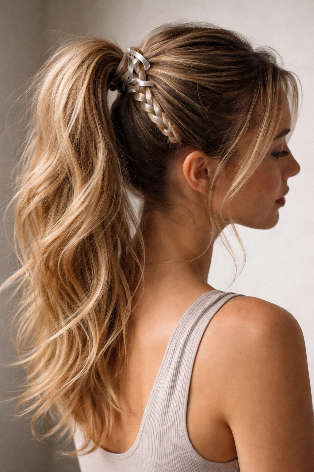 High ponytail with ribbon-woven braid detail at the base