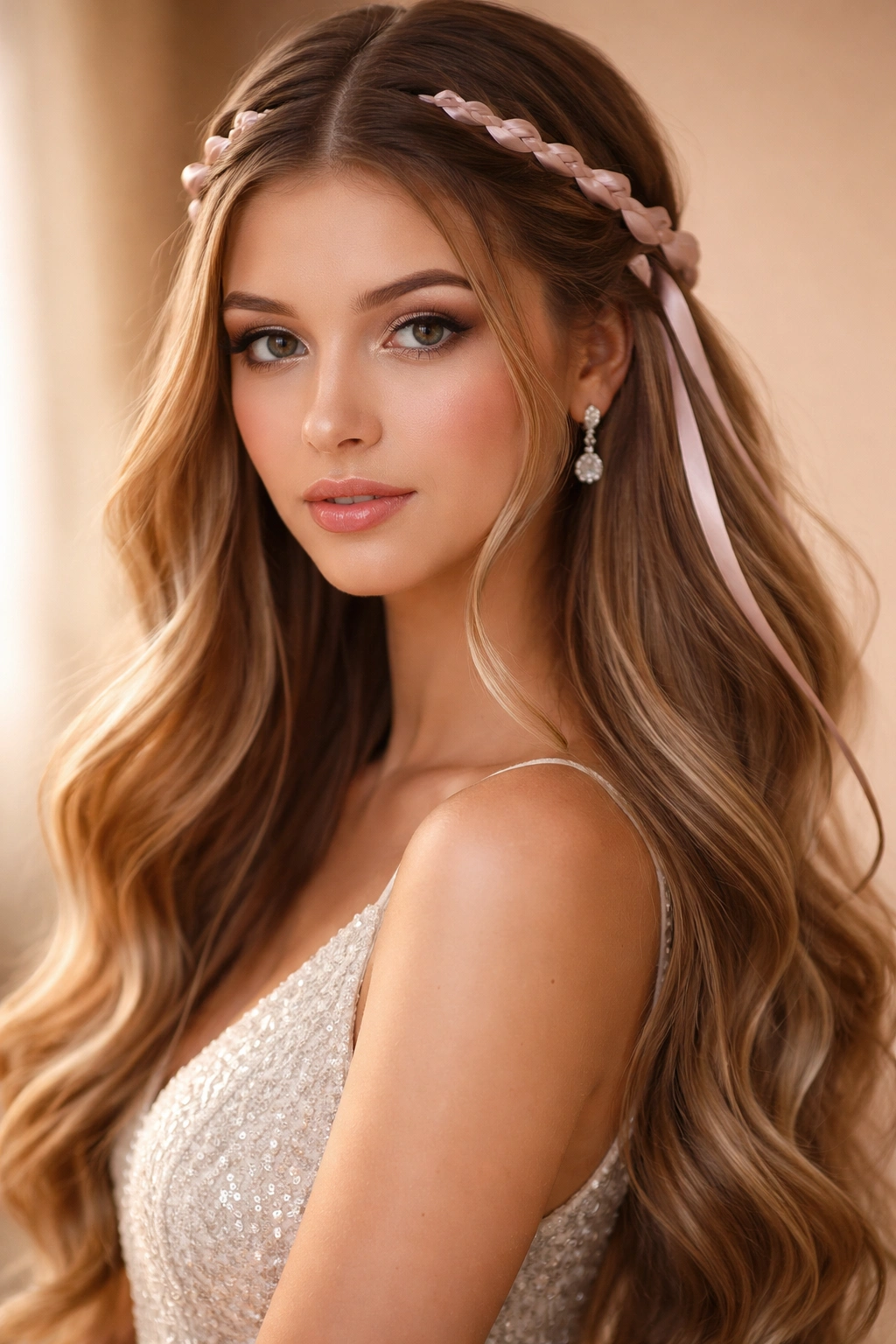 Ribbon woven through a center-part braid with flowing hair