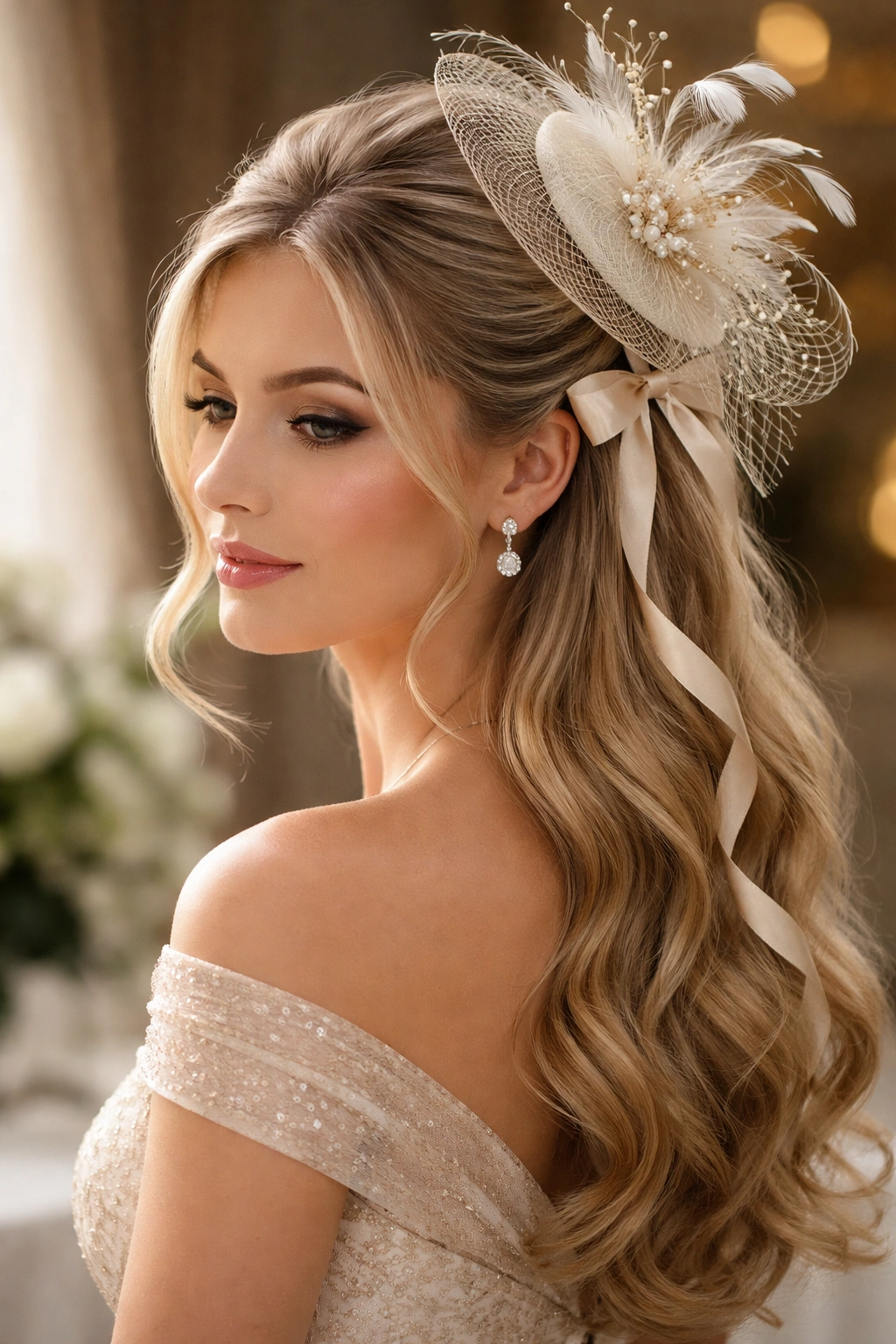 Close-up of half-up hairstyle with ribbon and fascinator