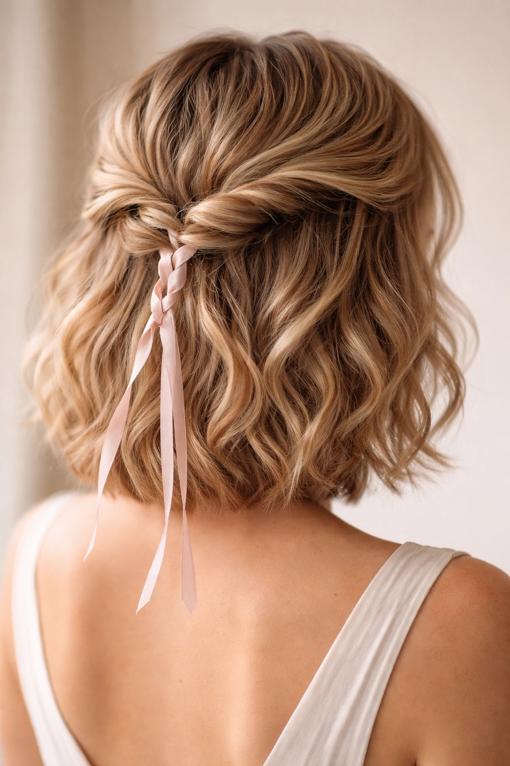 Close-up of short wavy hair with a ribbon woven into a half-up twist