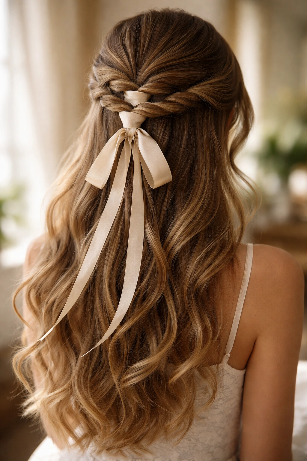 Half-up hairstyle with silk ribbon woven through gathered hair