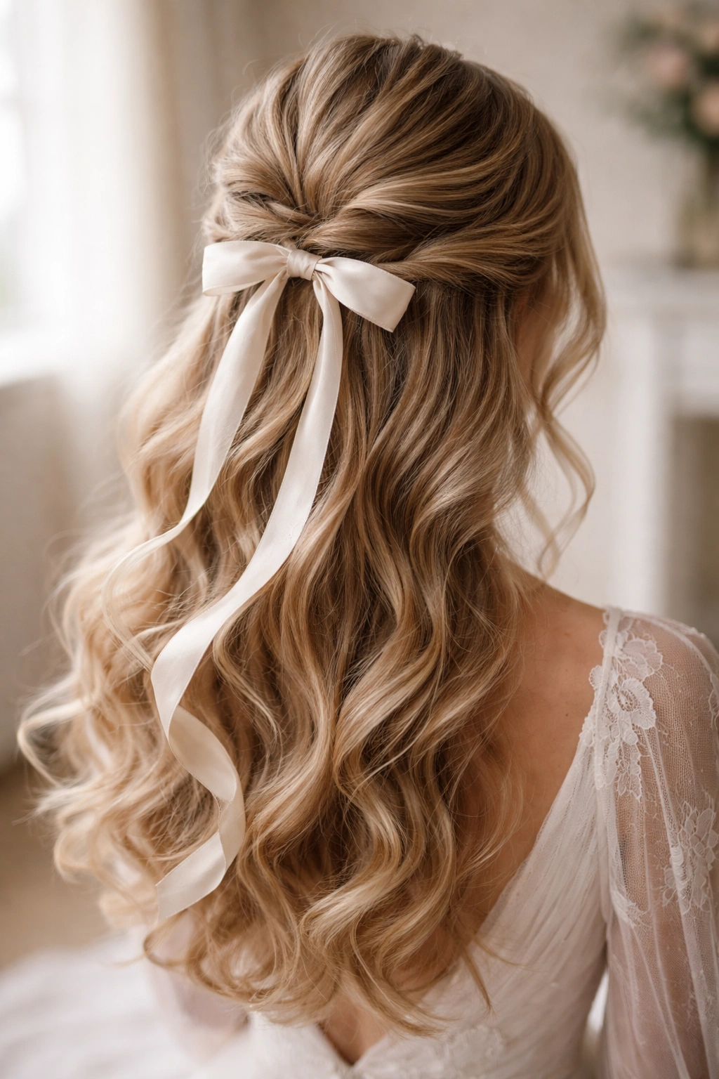 Close-up of a bridal hair style: half-up half-down with a woven satin ribbon through soft waves.