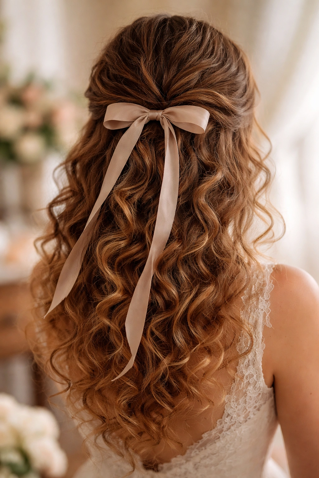 Romantic half-up hairstyle secured with a satin ribbon