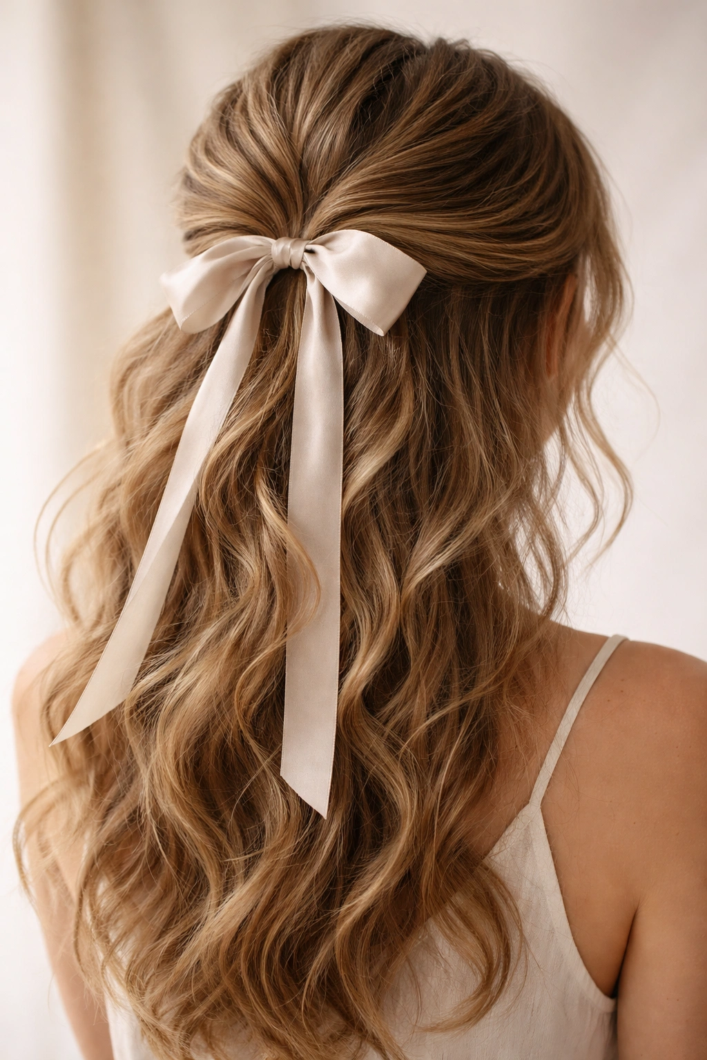 Ribbon-tied half up hairstyle with a satin ribbon and loose waves.