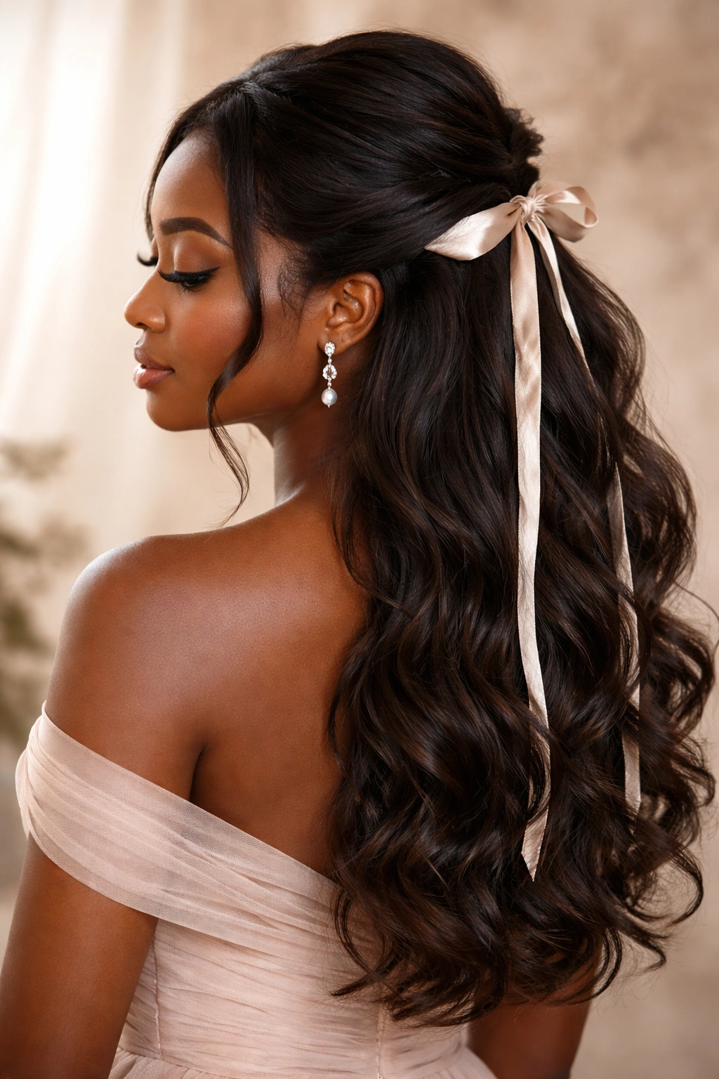 Half-up hairstyle with a ribbon wrapped around the base
