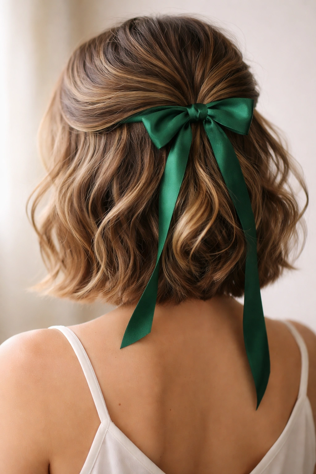 Close-up of a wavy half-up hairstyle with a silk emerald ribbon woven through the crown